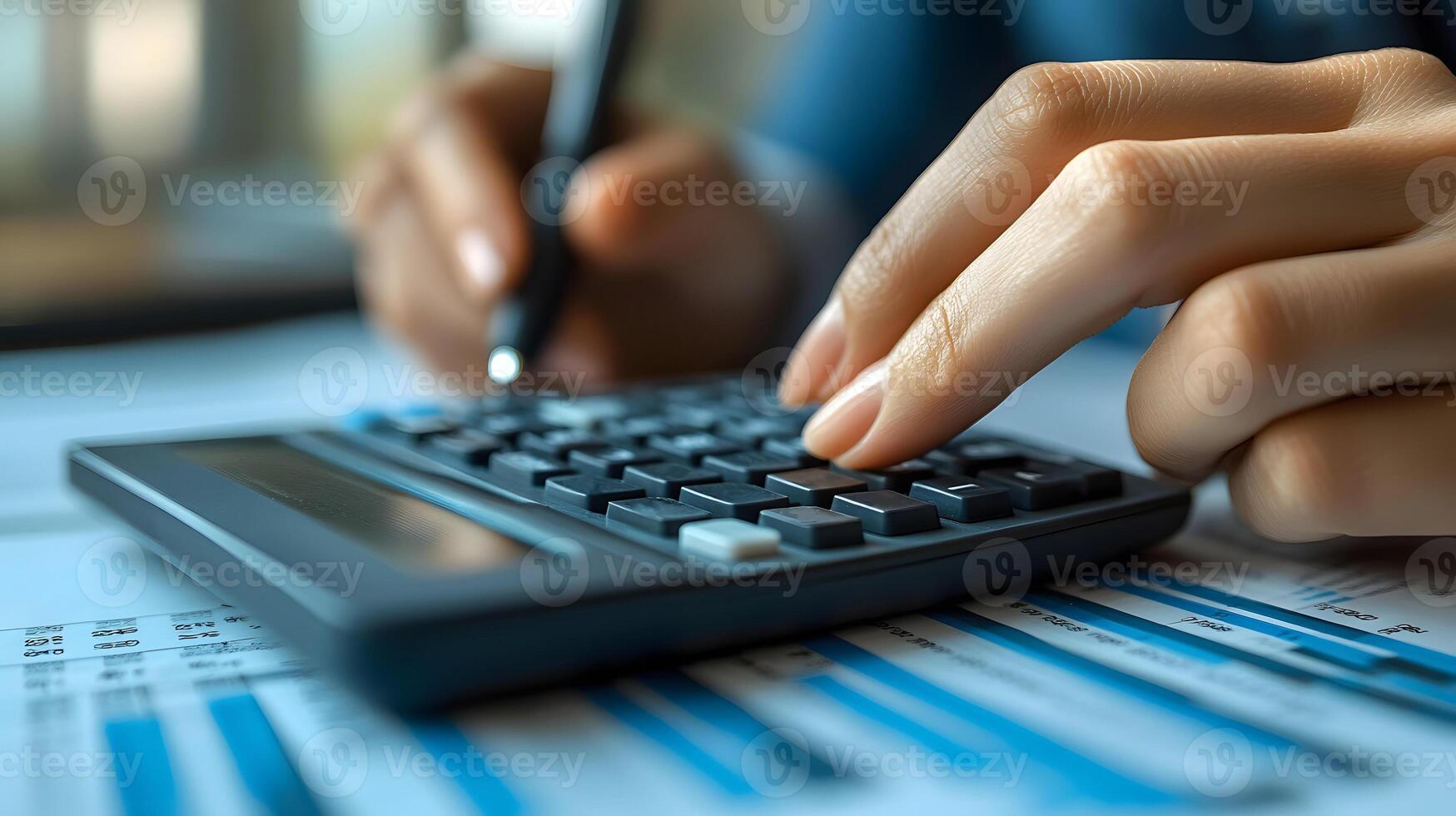 3D high-tech corporate office with a professional analyzing cash flow and investment figures using a calculator photo