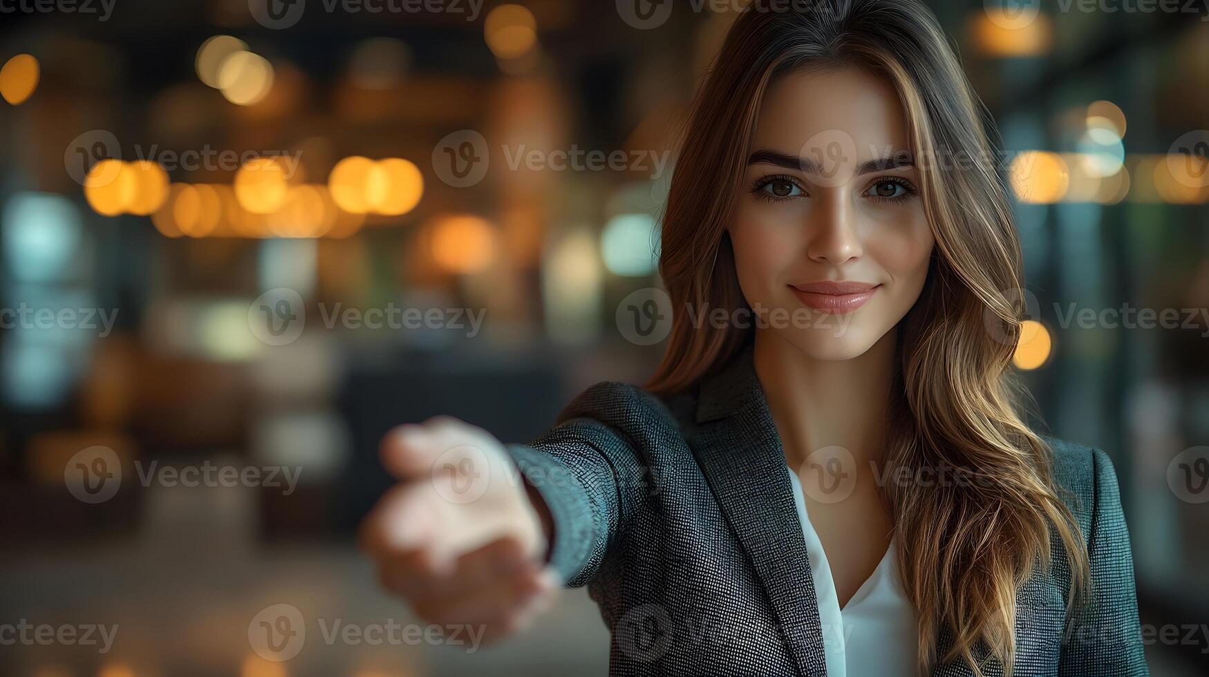 3D professional woman in a corporate setting extending her hand for a handshake, laptop and documents neatly placed photo