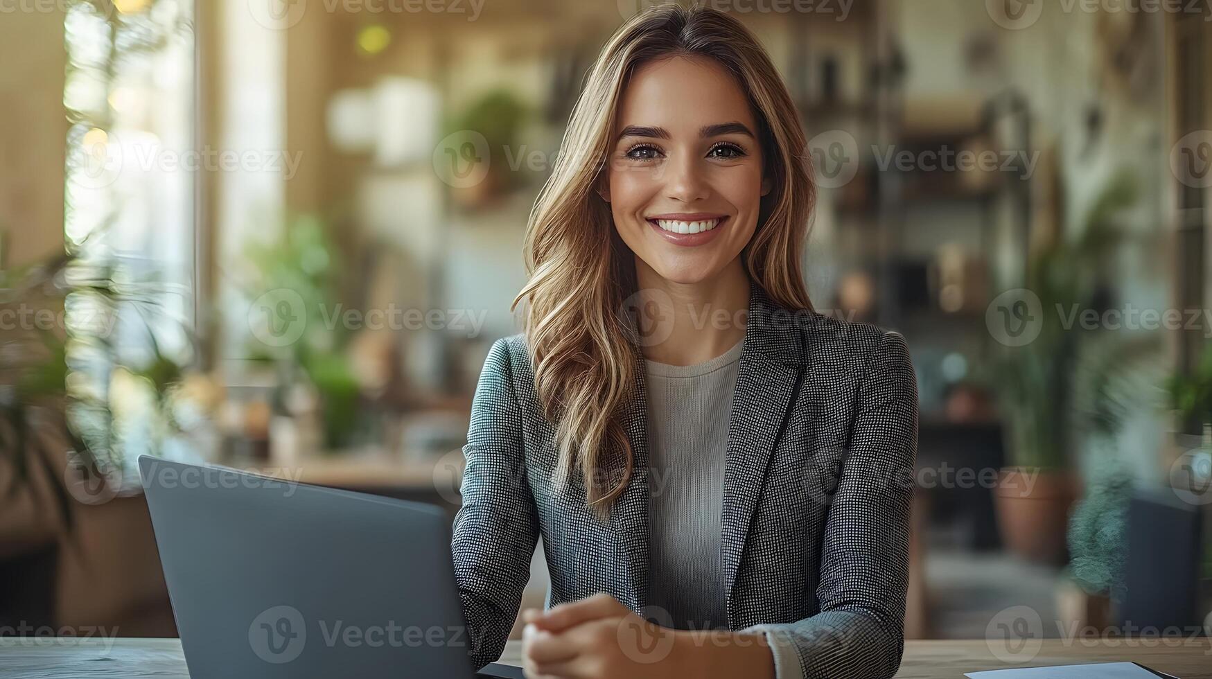 3D executive woman in a tailored suit offering a handshake, with a modern laptop open on the desk in a bright office photo