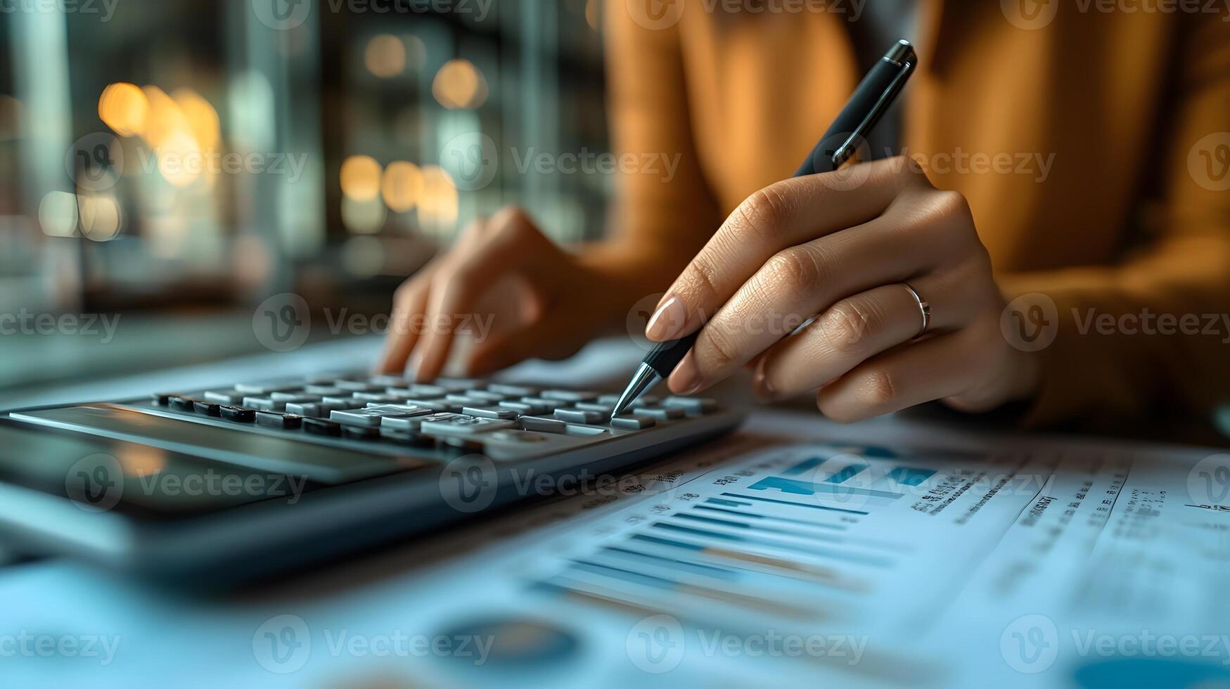 3D business environment featuring a person entering calculations with financial growth projections in the background photo