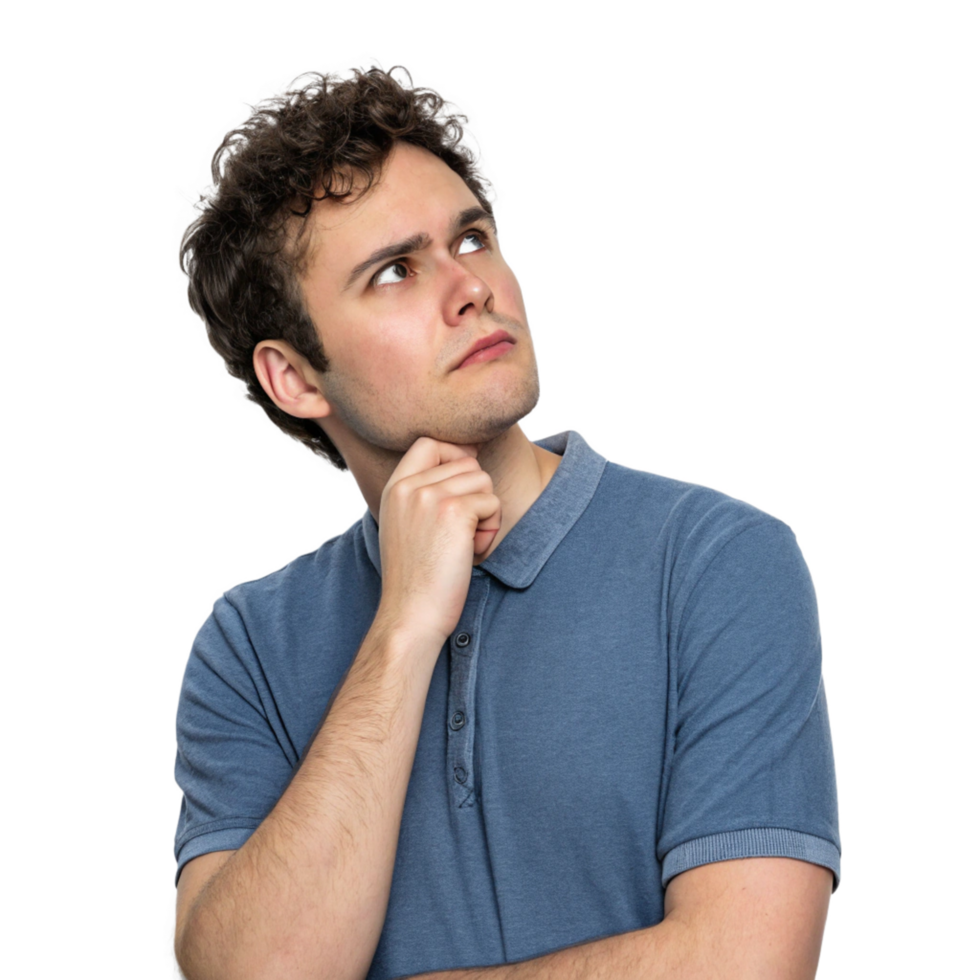 Young Man with Curly Hair Deep in Thought Pondering a Question Looking Upward png