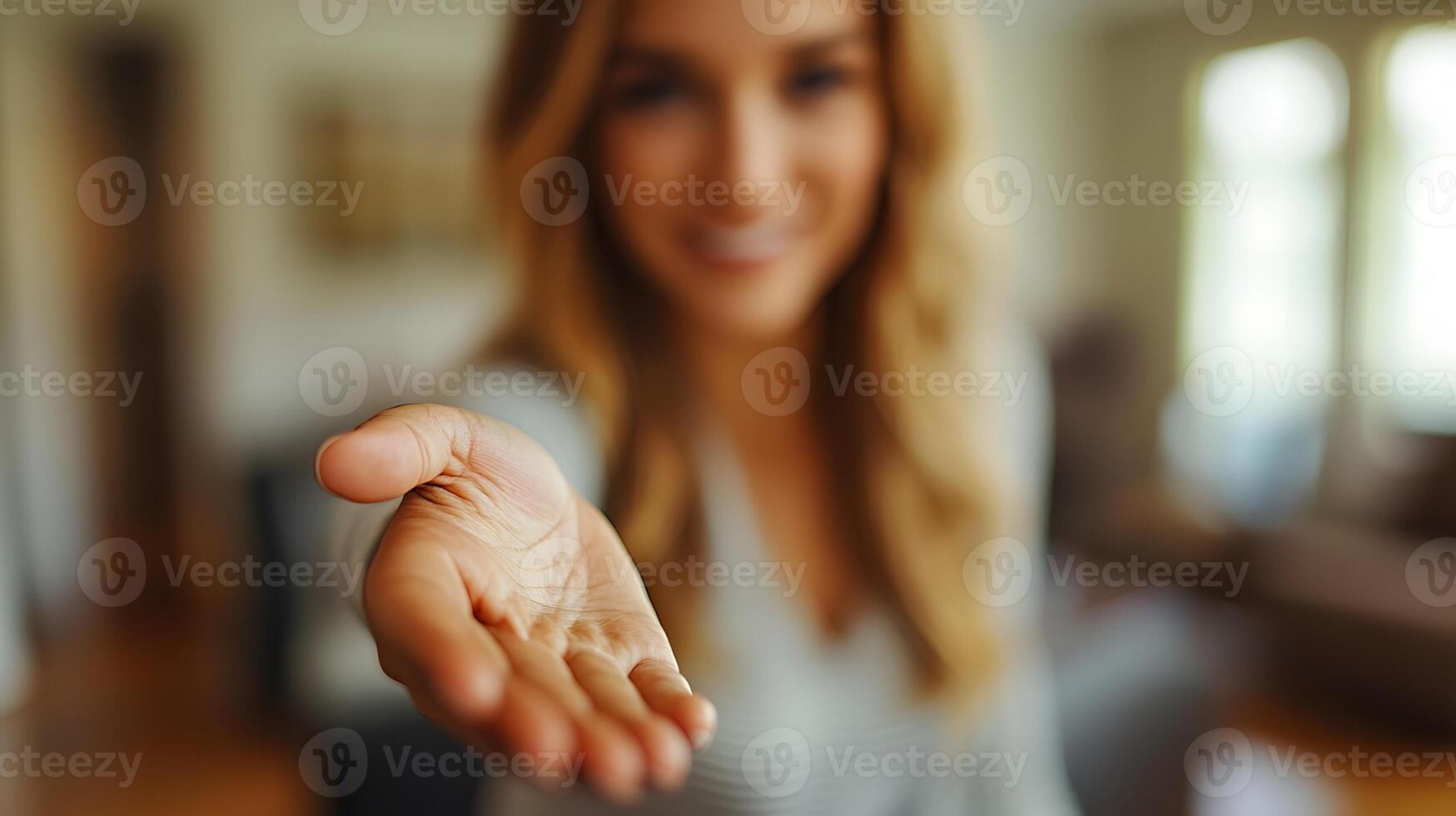 3D detailed business interaction featuring a confident woman extending her hand for a handshake, laptop beside her photo