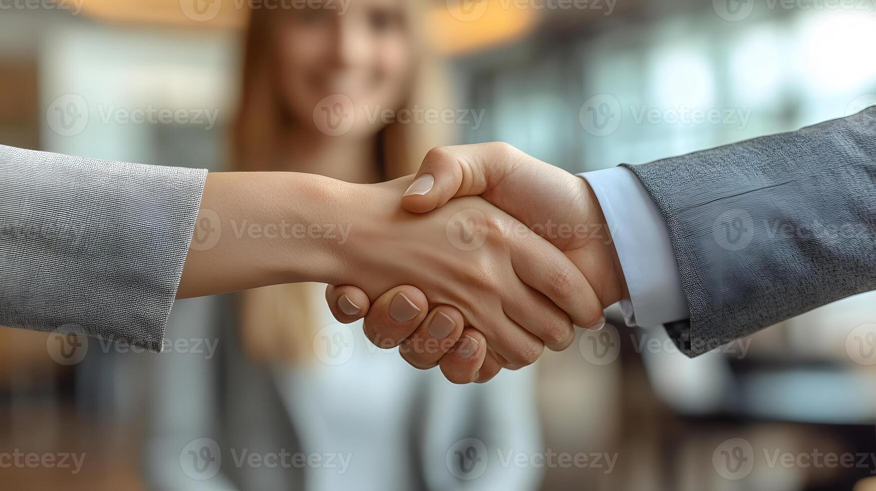 3D rendering of a handshake between two business professionals with a smiling woman in the background in a modern office photo