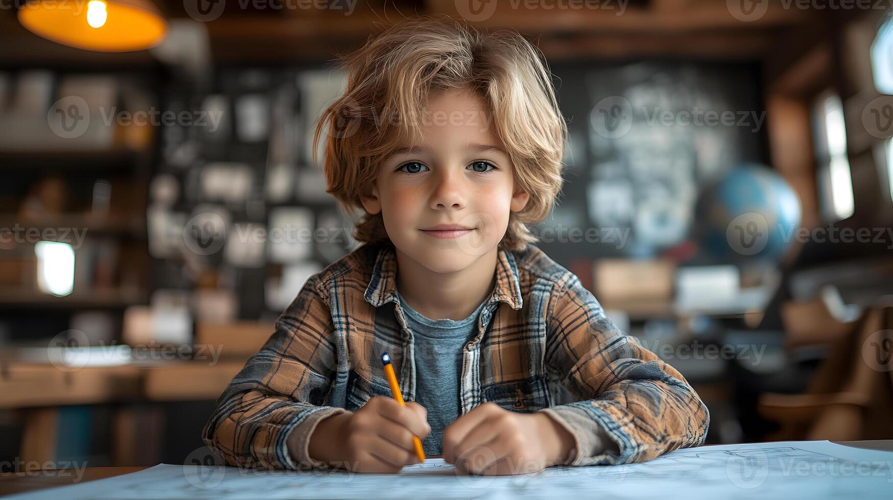 Young boy sitting in modern room holding digital pencil and tablet while designing 3D model photo