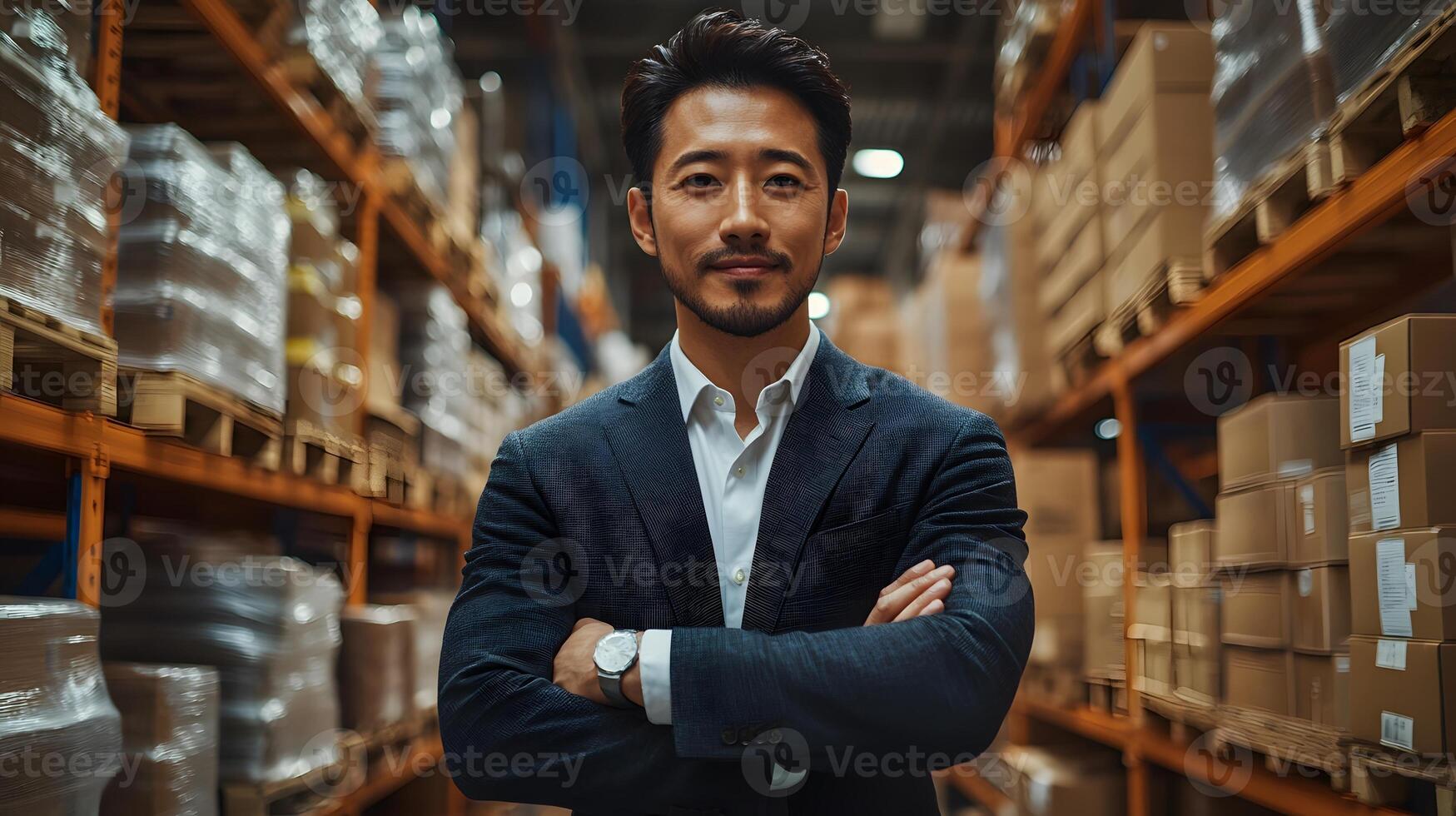 Confident Asian businessman standing in a large distribution warehouse, arms crossed, wearing a professional suit, industrial background, 3d render photo