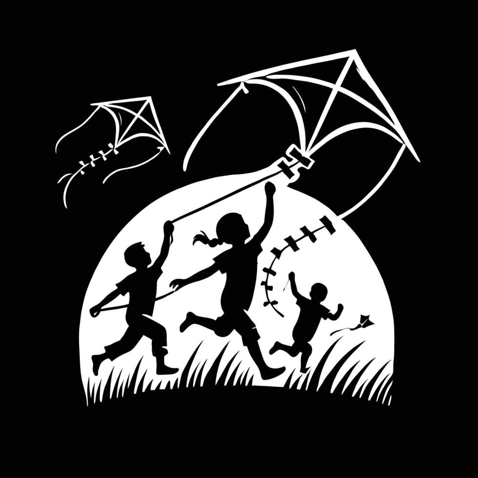 Silhouette of children playing with kites vector