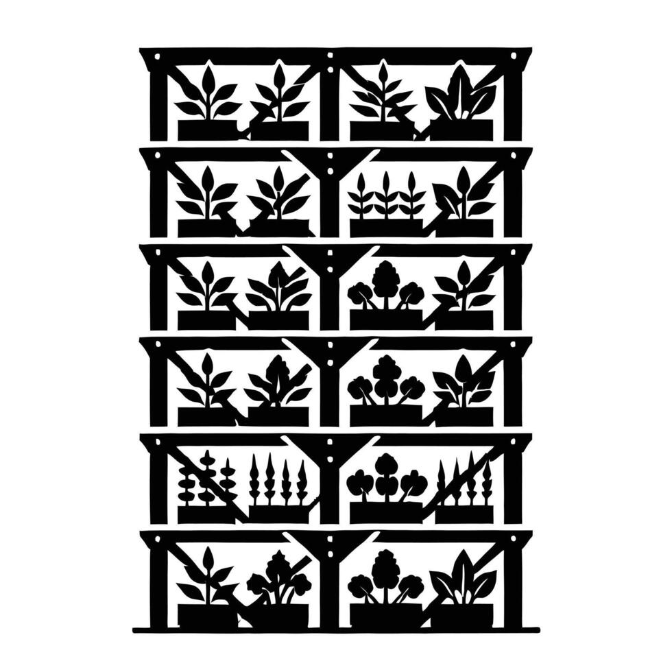 A black and white illustration of a wooden rack with plants vector