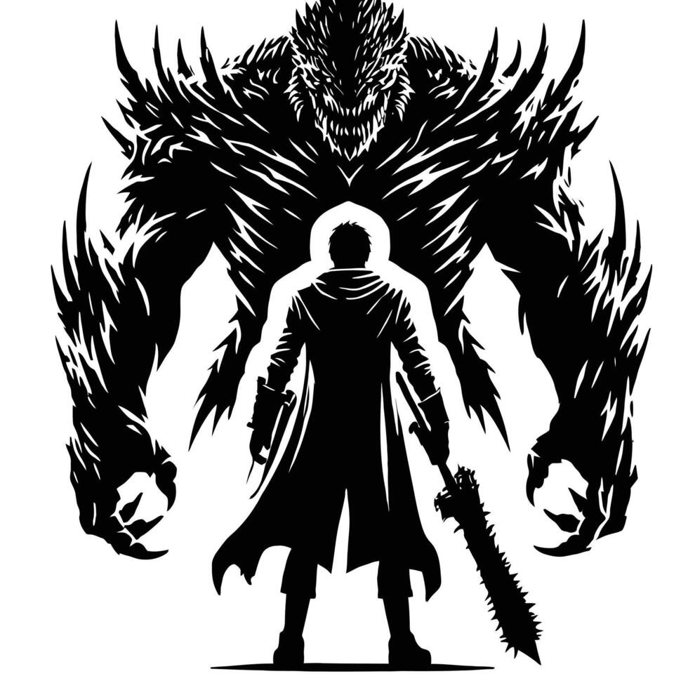 The silhouette of a demon with a sword vector