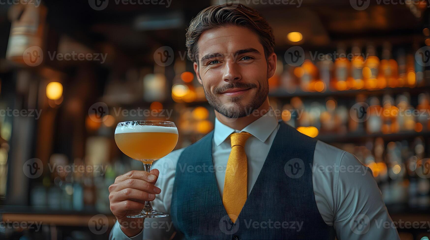 Elegant bartender in a suit presenting a high-end cocktail, luxurious bar interior, soft bokeh background photo