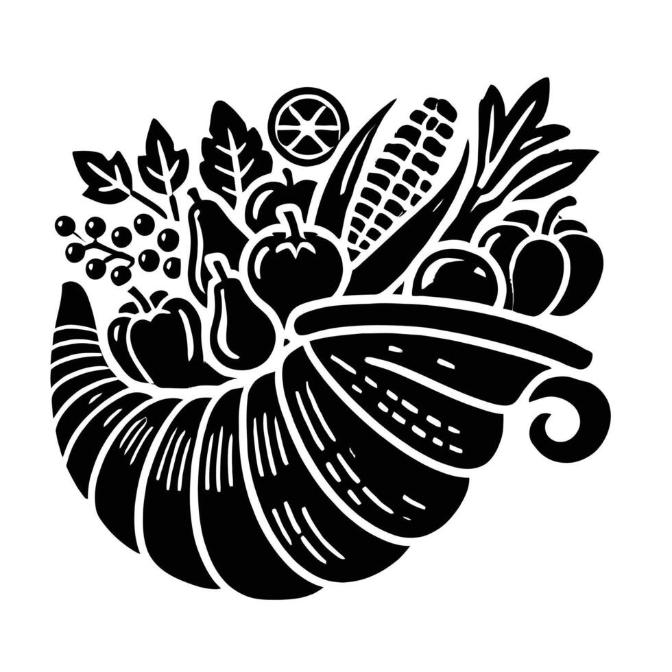 A black and white illustration of a cornucopia vector