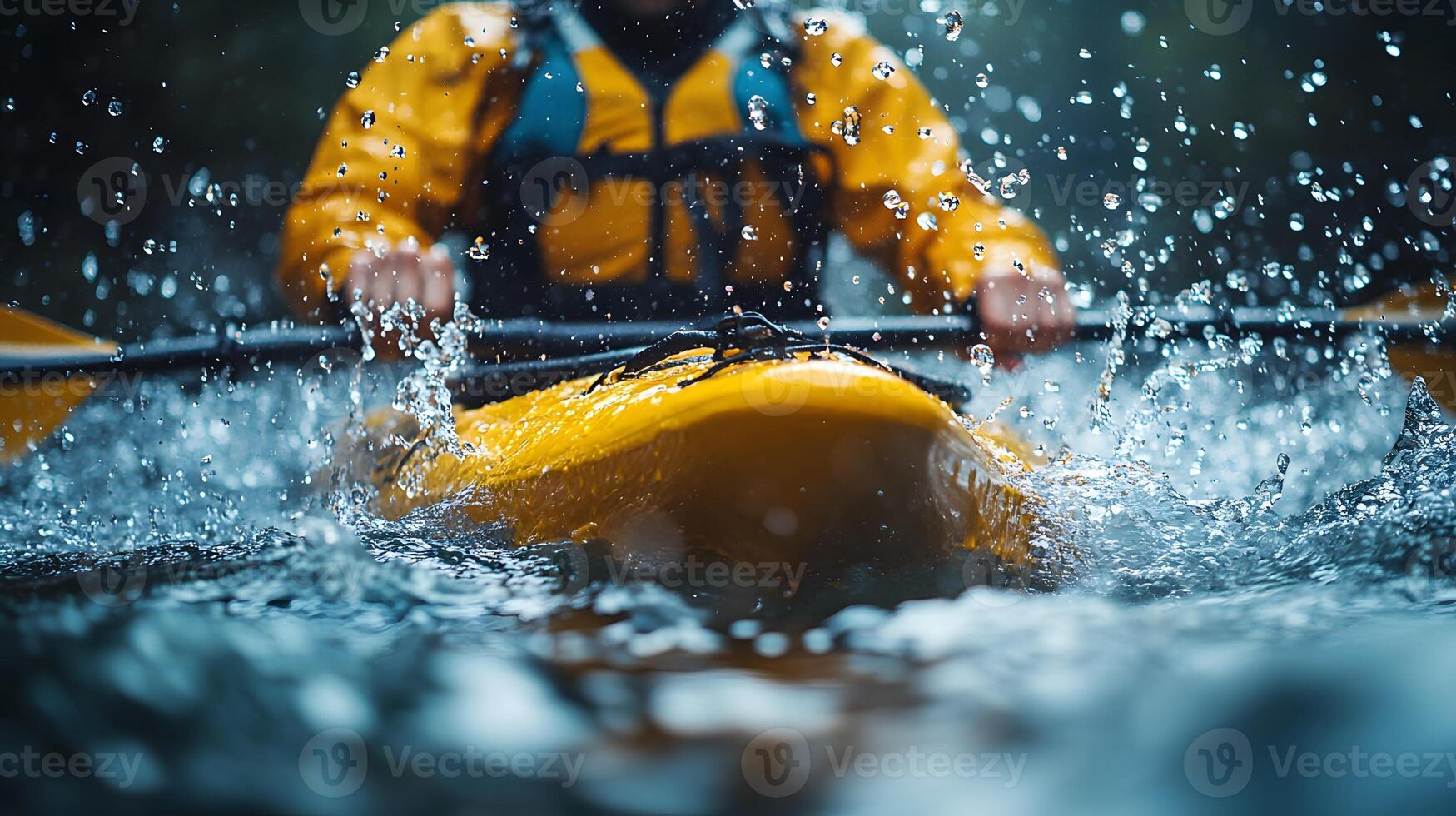 Kayakers hands paddling through a rushing river, splashing water, vibrant outdoor scene, crisp reflections photo