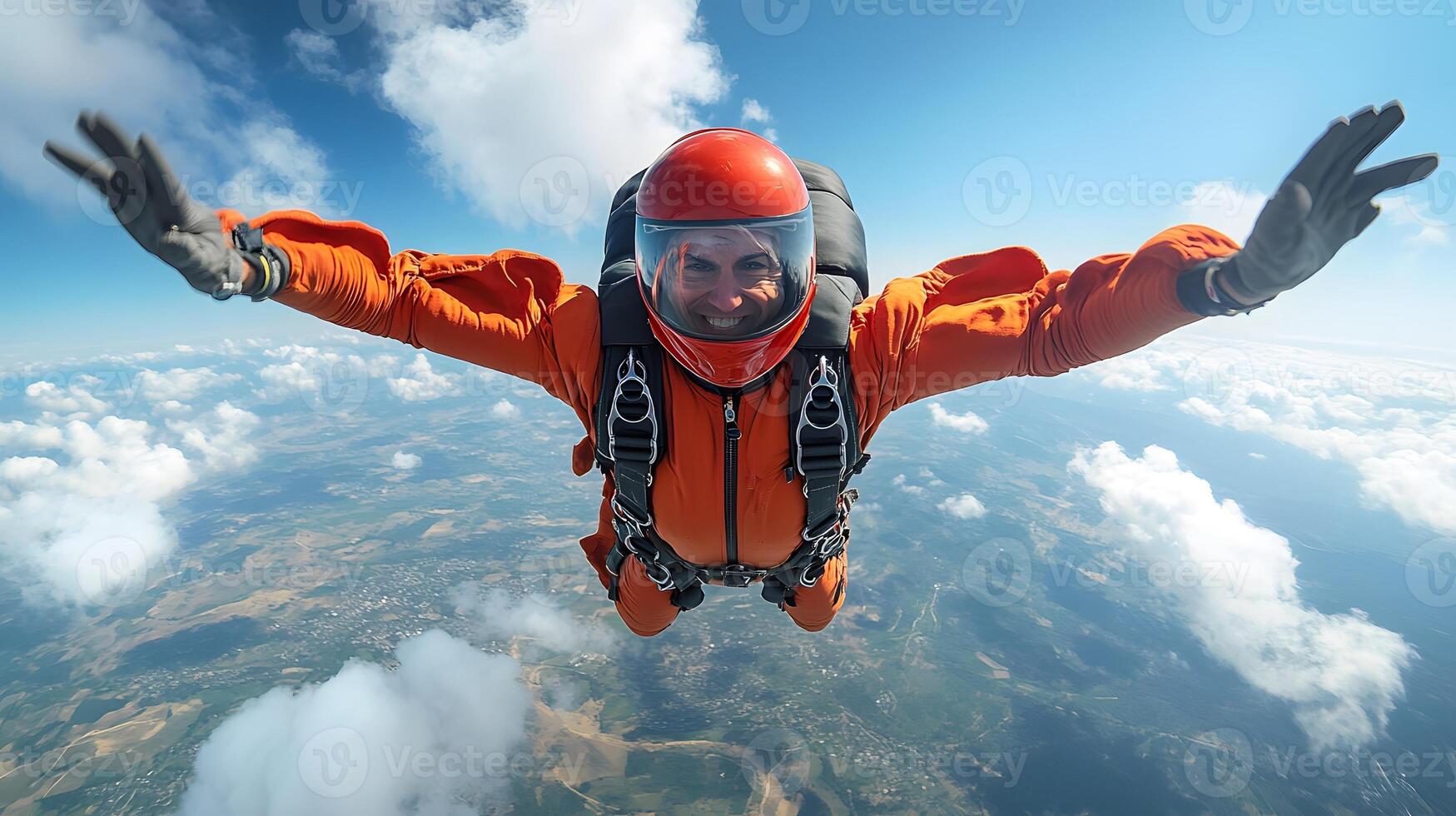 Skydiving perspective with arms outstretched over a vast landscape, extreme adrenaline rush, high-altitude realism photo