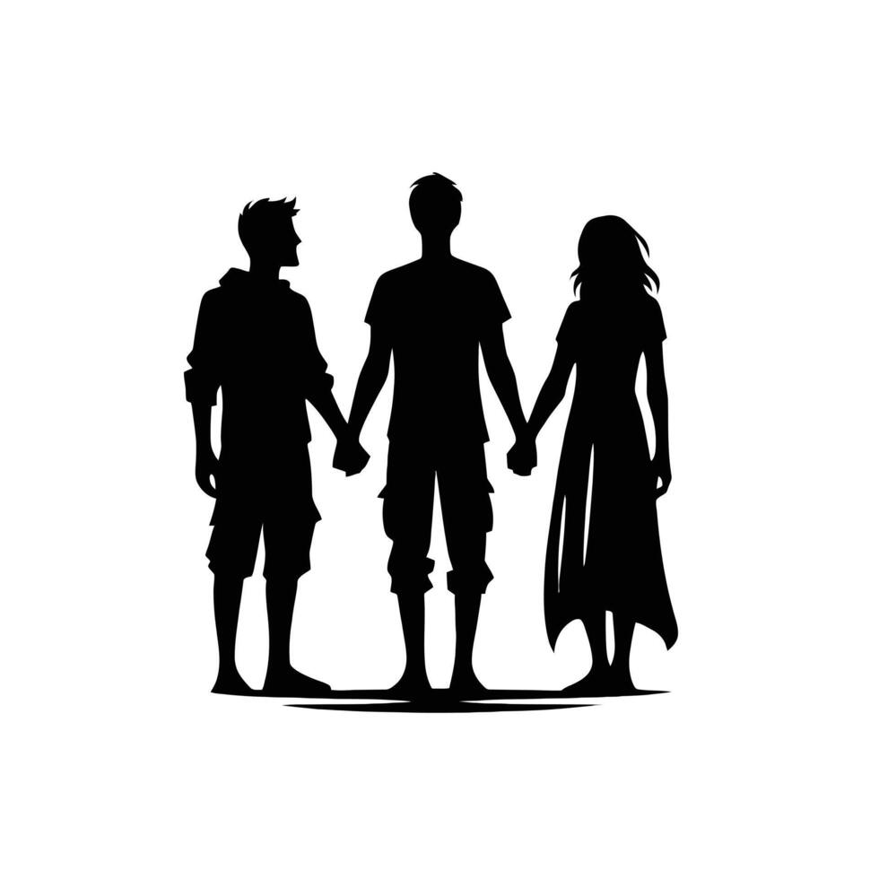Silhouette of three people holding hands vector