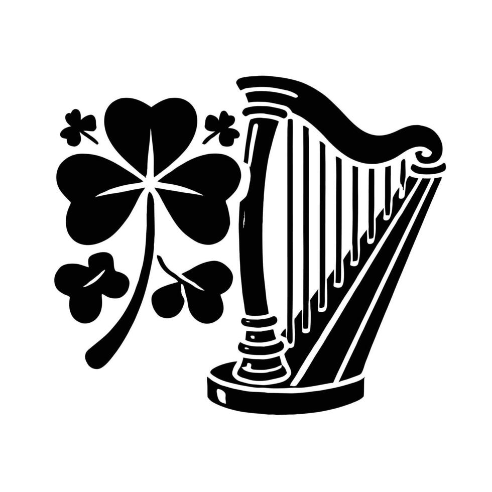 A black and white harp and shamrock vector