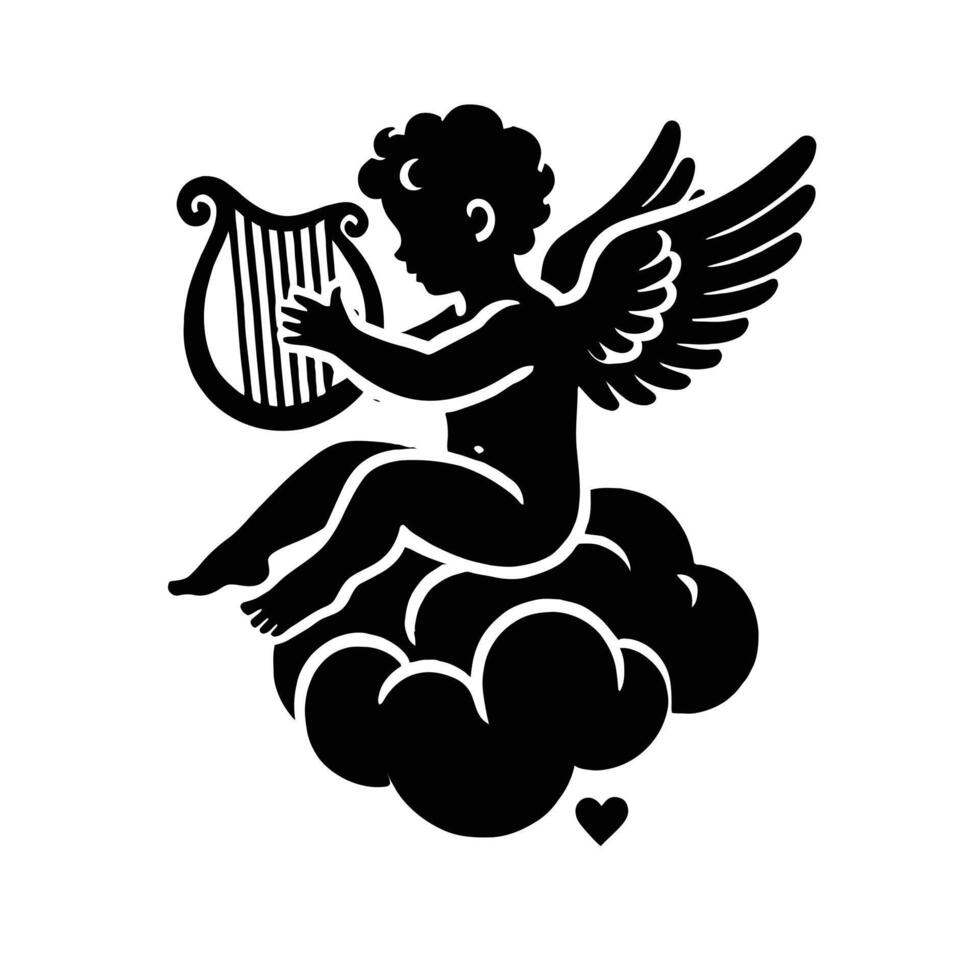 A black and white illustration of an angel playing a harp vector