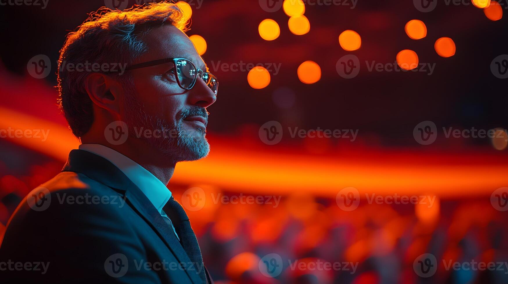 Executives delivering a speech on stage, engaging both physical and virtual audiences, business innovation focus photo
