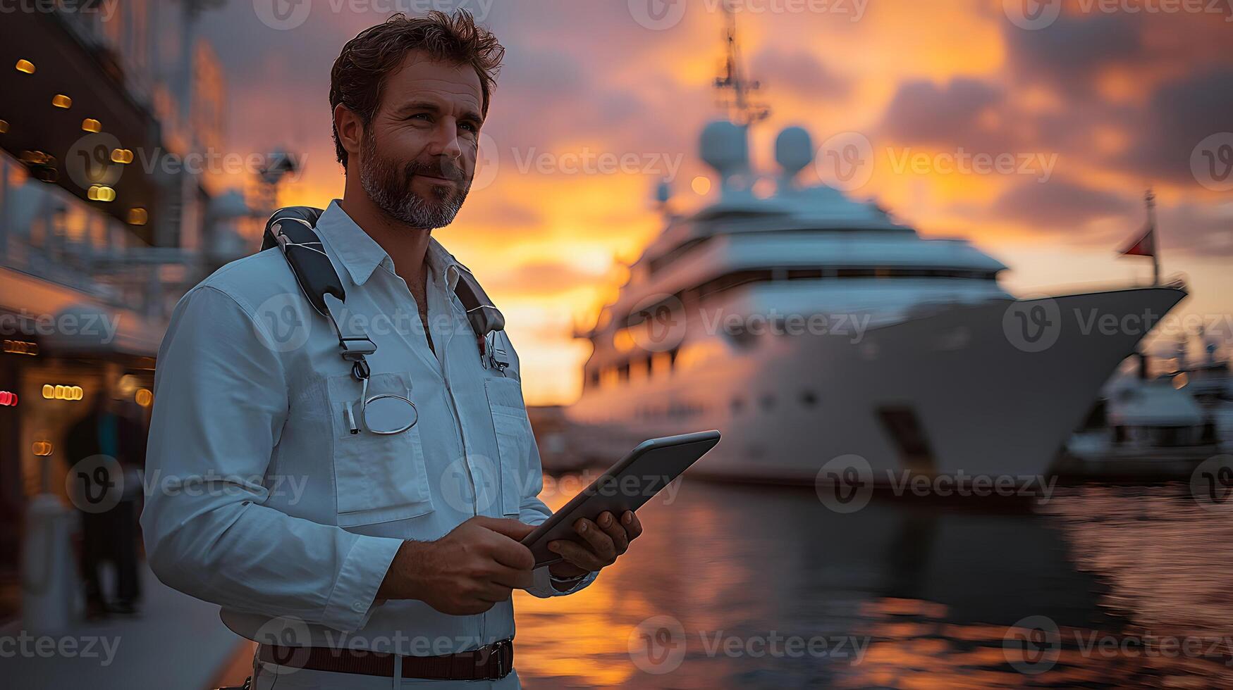 Business professional checking marine insurance policy details using a tablet at dock photo