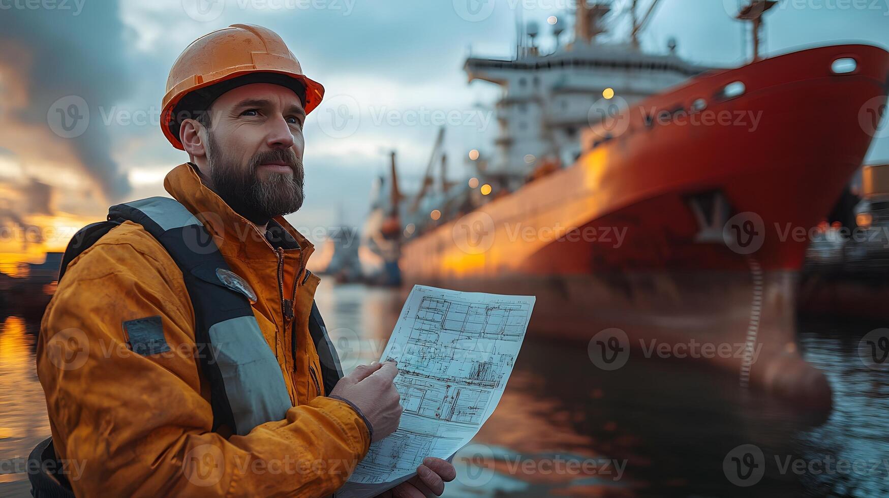 Marine insurance claim process illustrated with an agent assisting a ship crew photo