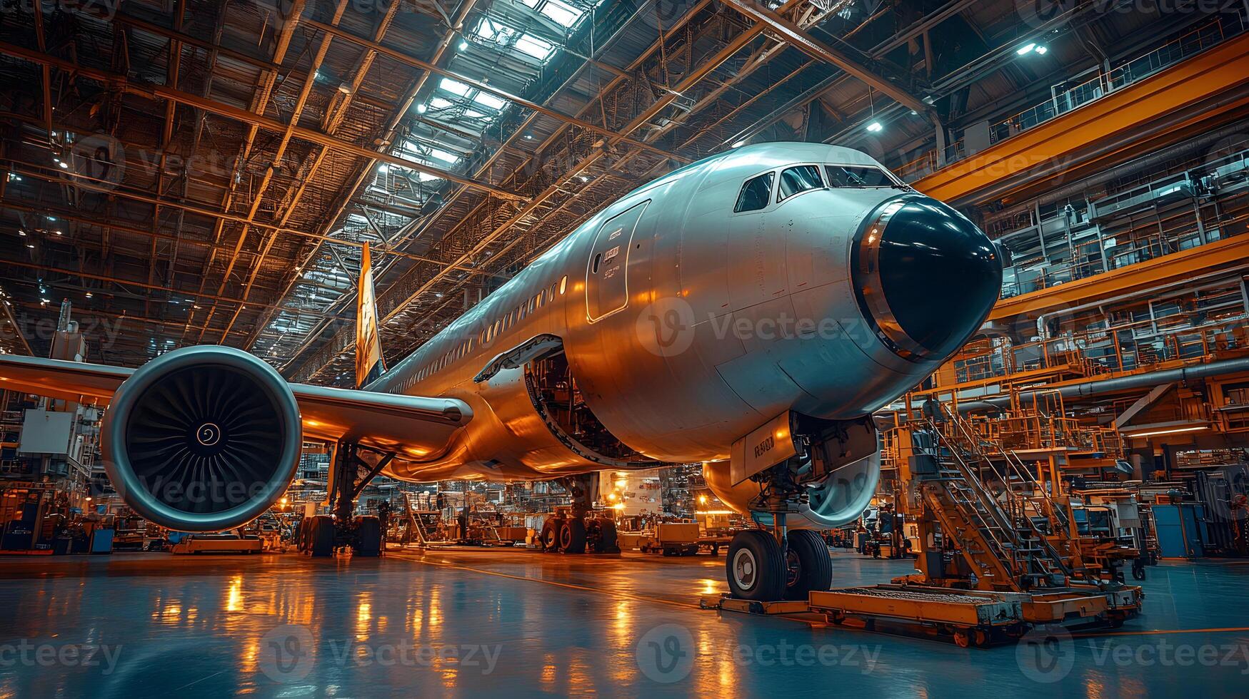 Jet engine maintenance crew working on an insured aircraft in a hangar photo