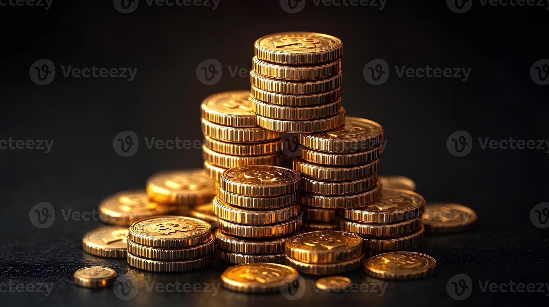 Pile of isometric 3D golden coins with scattered loose coins on a dark background photo