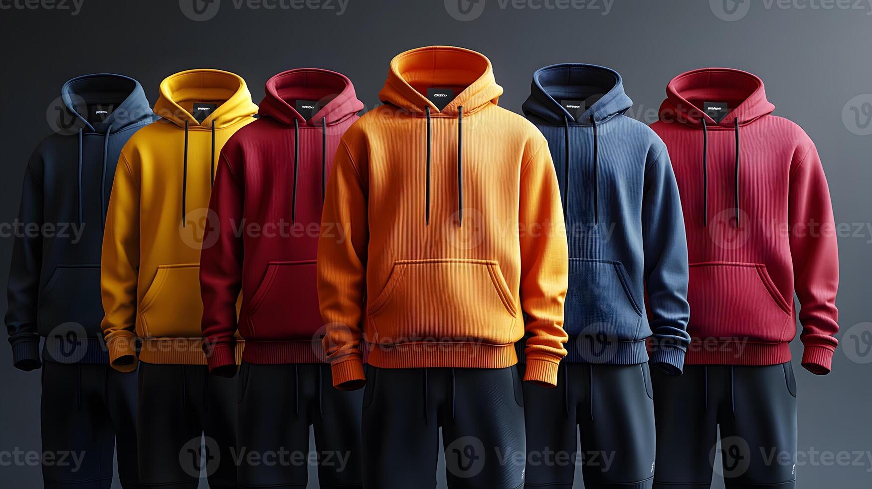 A premium hoodie and sweatpants mockup showcasing different fabric textures and vibrant colors, 3D rendering photo