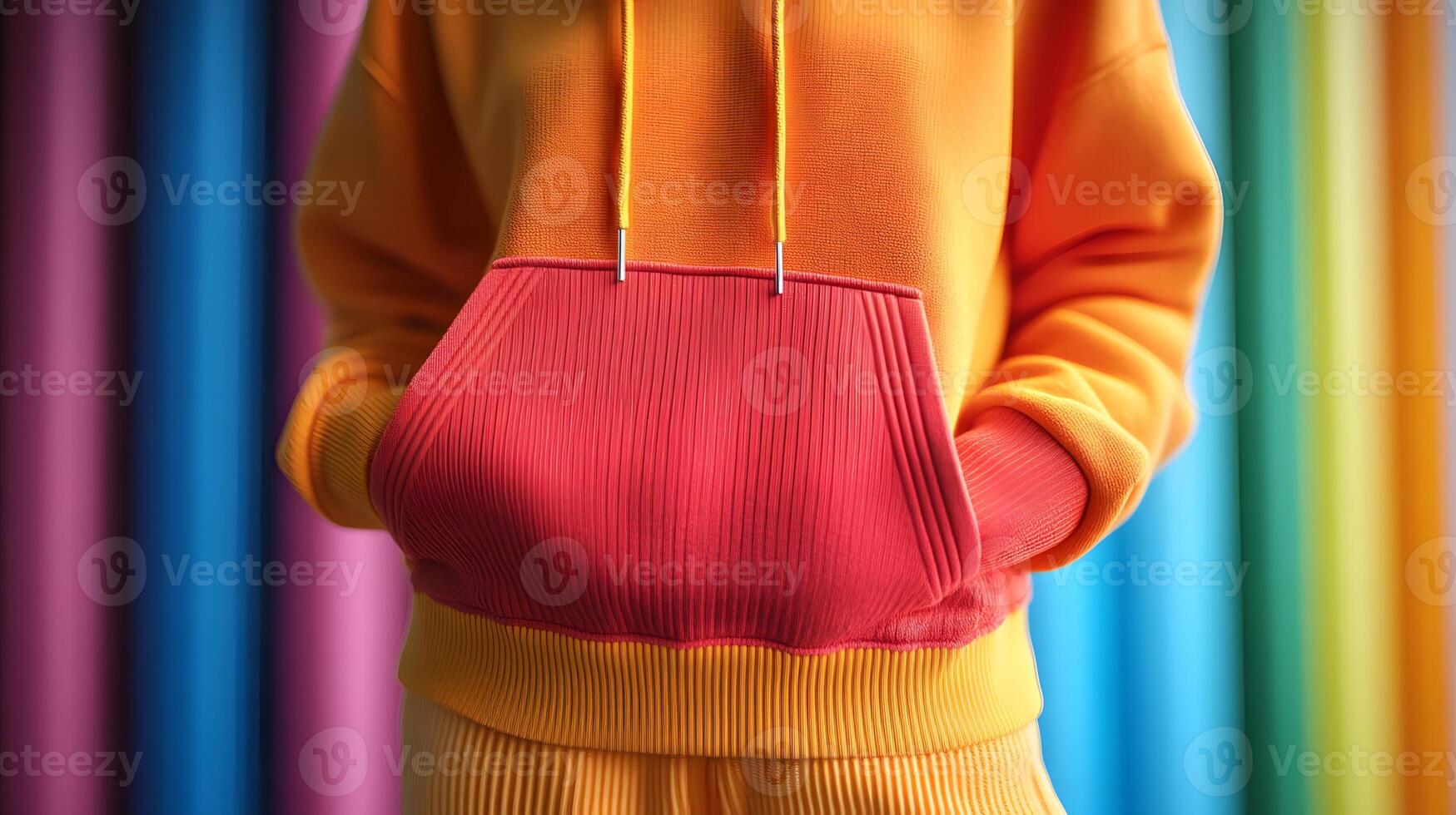 A closeup hoodie and sweatpants mockup showcasing fabric details, stitching, and vibrant colors, 3D rendering photo