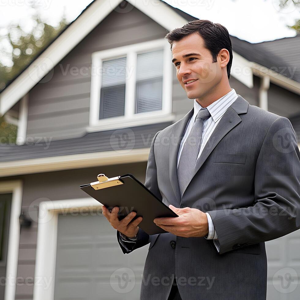 Real estate agent holding a clipboard inspecting a property for sale photo