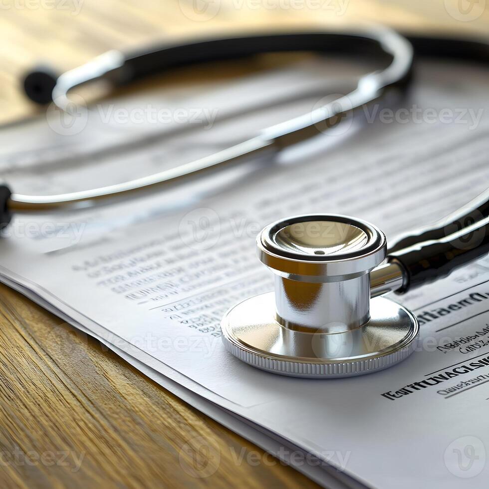 Medical insurance concept with a stethoscope and policy documents photo