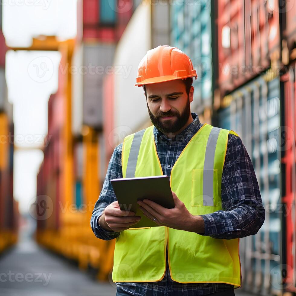 Freight forwarding professional using a digital tablet to track shipments photo