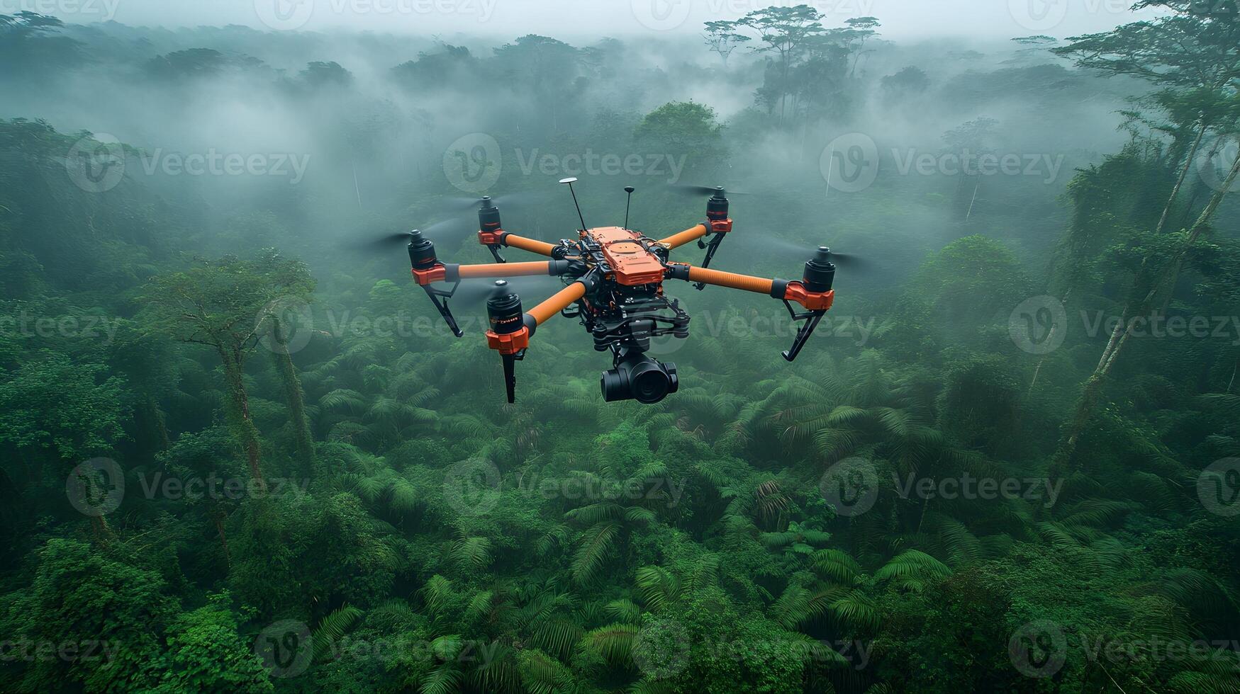 Drone technology collecting carbon sequestration data over dense tropical forests with advanced sensors photo