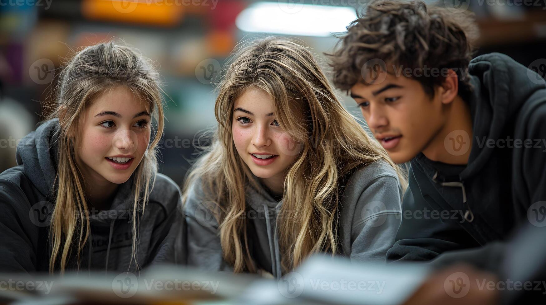 Teenagers collaborating on a study project for exams photo