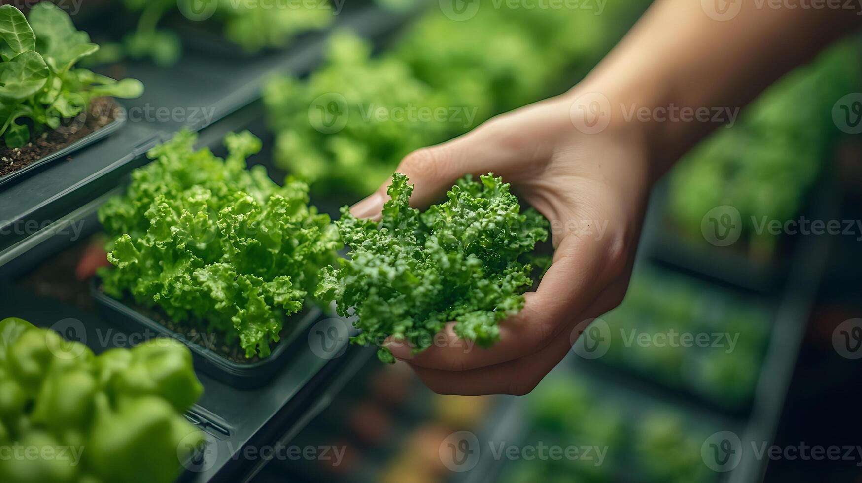 Sustainable farming concept with a person evaluating plant growth in vertical shelves photo