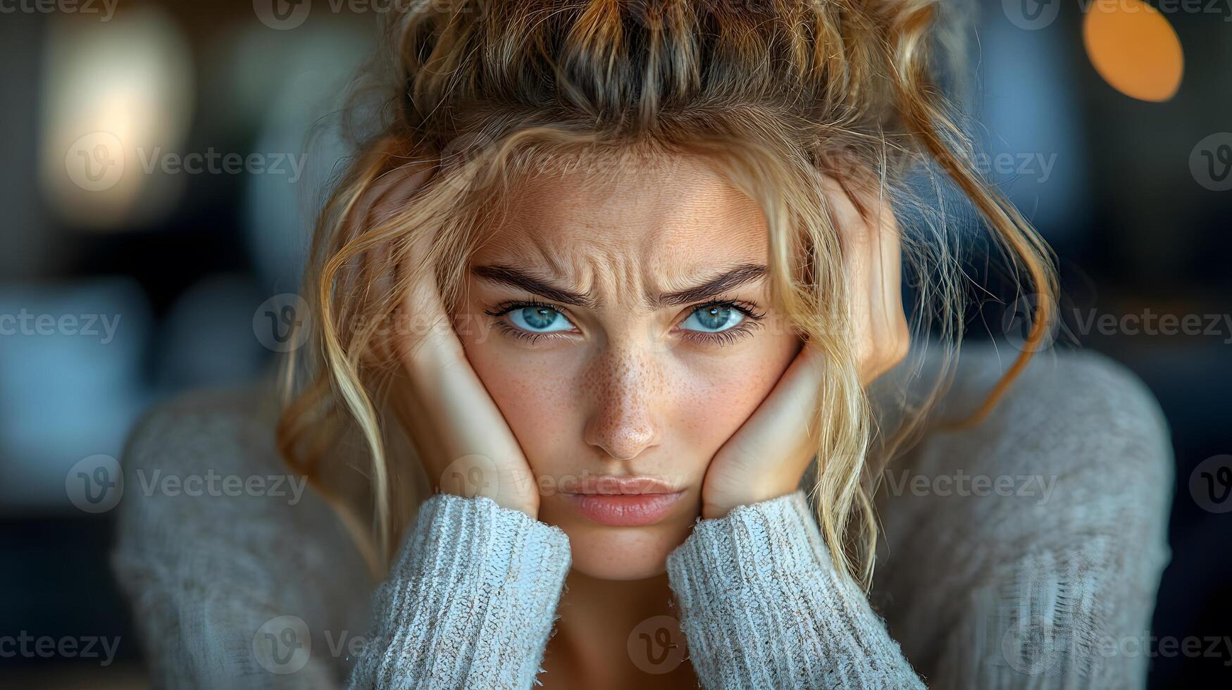 Corporate woman in stylish office feeling frustrated while holding head in hands photo