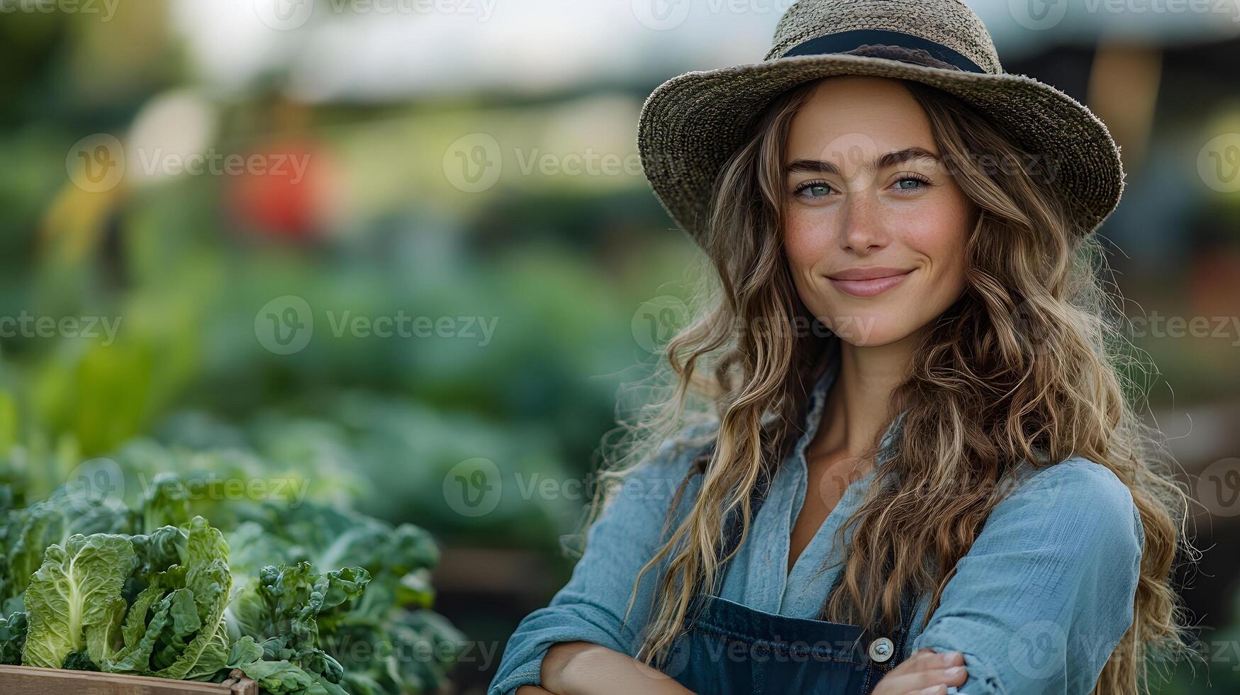 Focused female organic farmer standing in a field with a crate of freshly picked vegetables photo