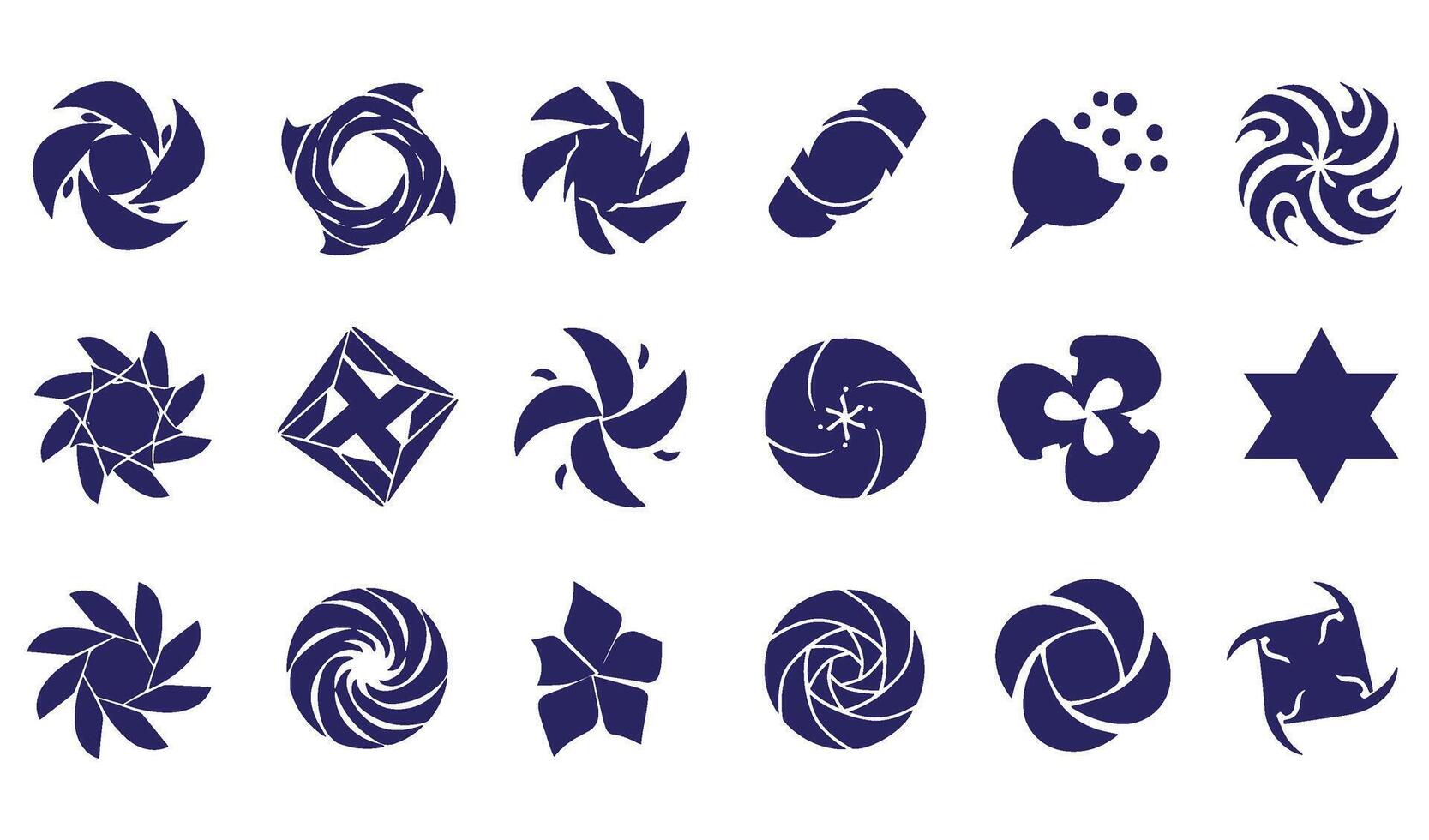 Spiral texture motion abstract geomatic shape decorative flower botanical outline symbol icon vintage swirl energy whirl set business logo company circle leaf fire water bird wing bundle vector