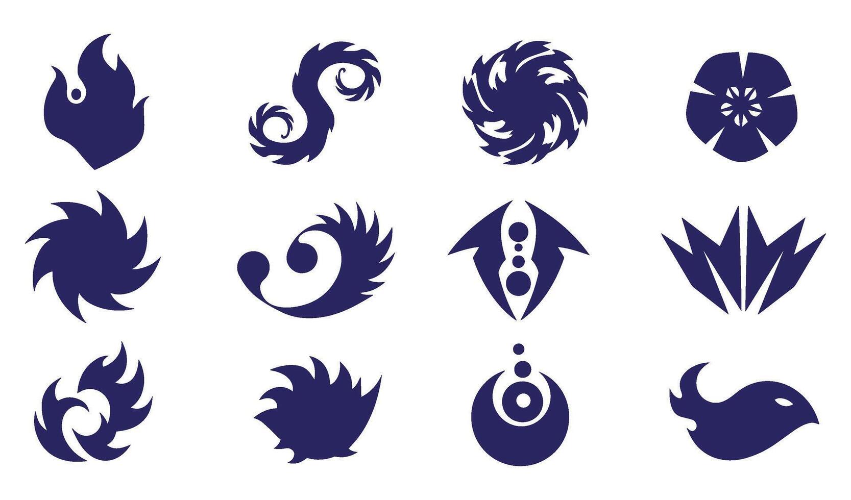 Decorative botanical flower outline abstract geomatic spiral motion energy whirl symbol icon company business vintage swirl shape circle leaf fire water bird wing logo set vector