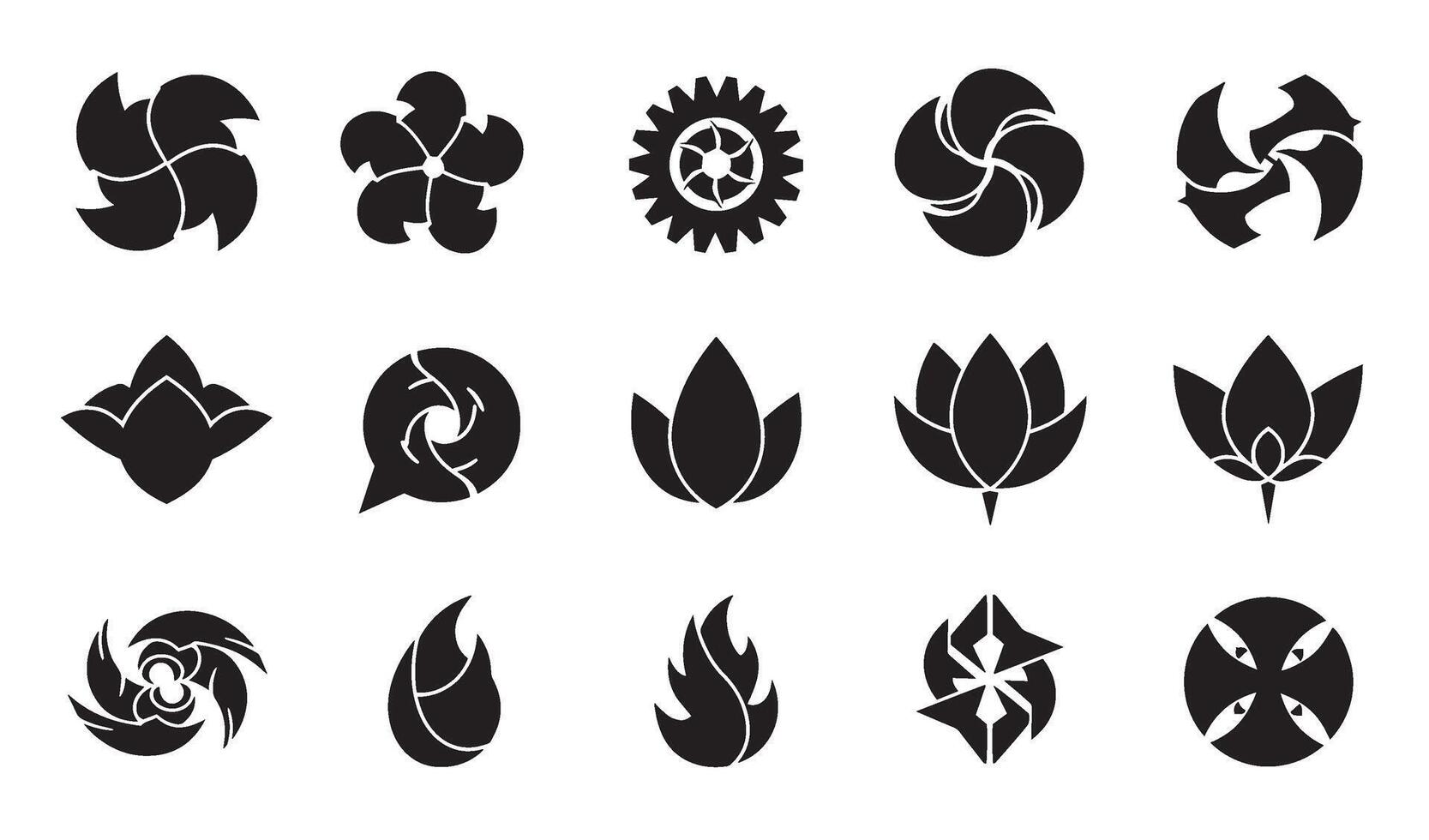Spiral energy motion swirl decorative flower abstract geomatic shape outline botanical logo icon symbol company business set vintage texture circle leaf fire water bird wing retro vector