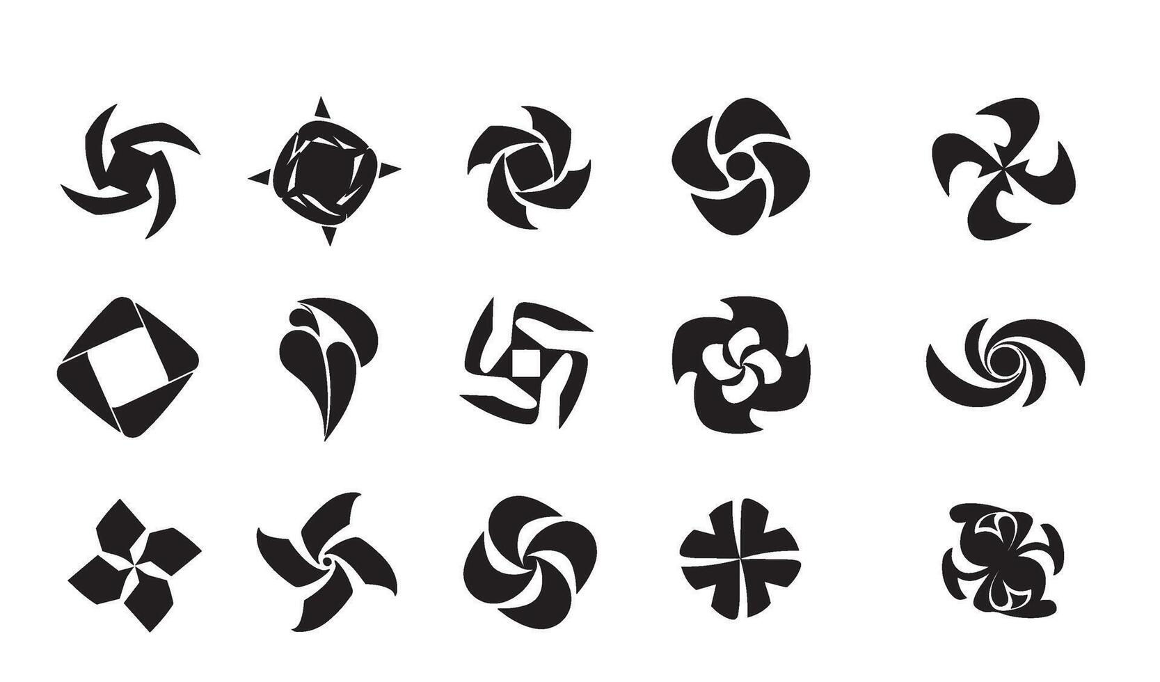 Business company logo icon abstract geomatic shape swirl spiral motion flower outline decorative botanical symbol energy texture set vintage circle leaf fire water bird wing retro vector