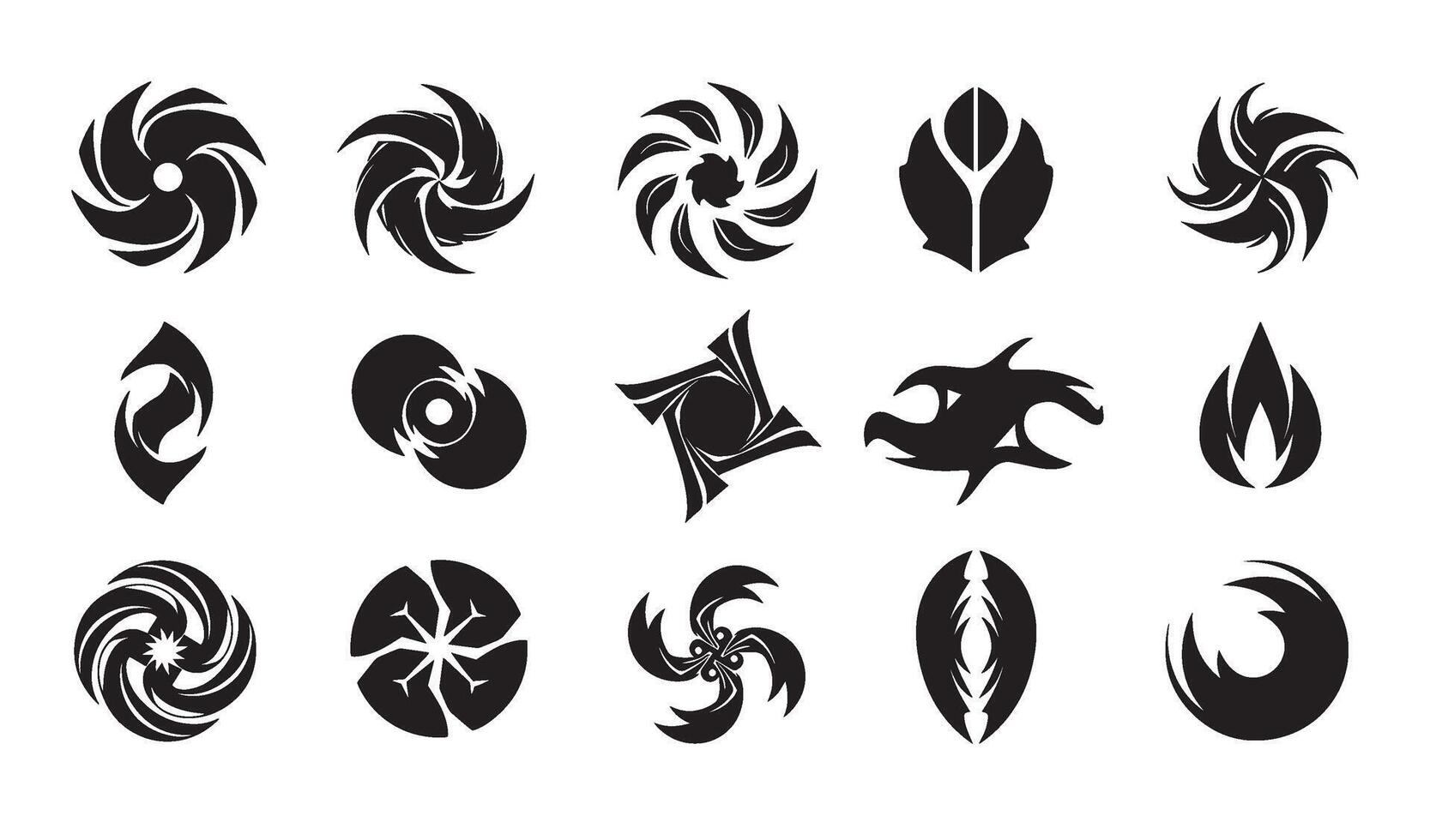 Circle leaf fire water bird wing abstract geomatic shape spiral motion swirl texture decorative botanical flower outline logo icon symbol business company set vintage retro vector