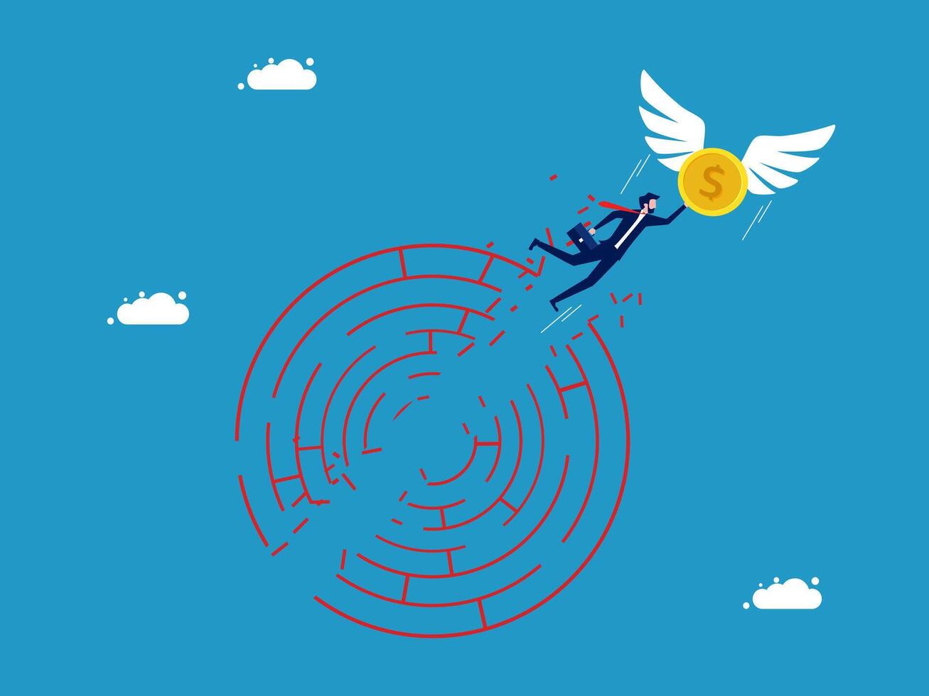 businessman flying through a maze with a coin vector