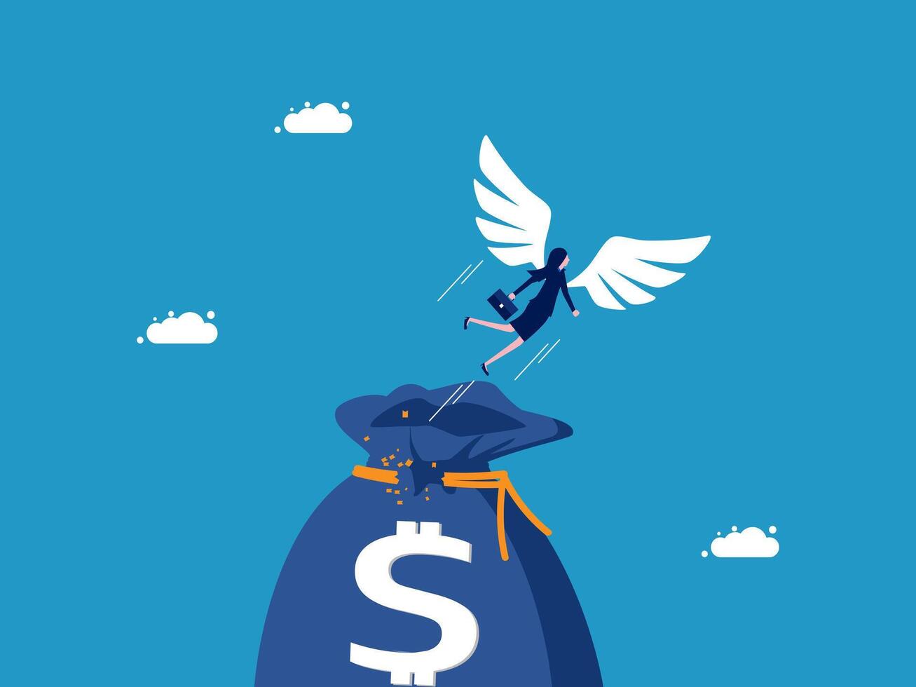 a woman with wings flying over a bag with a dollar sign vector