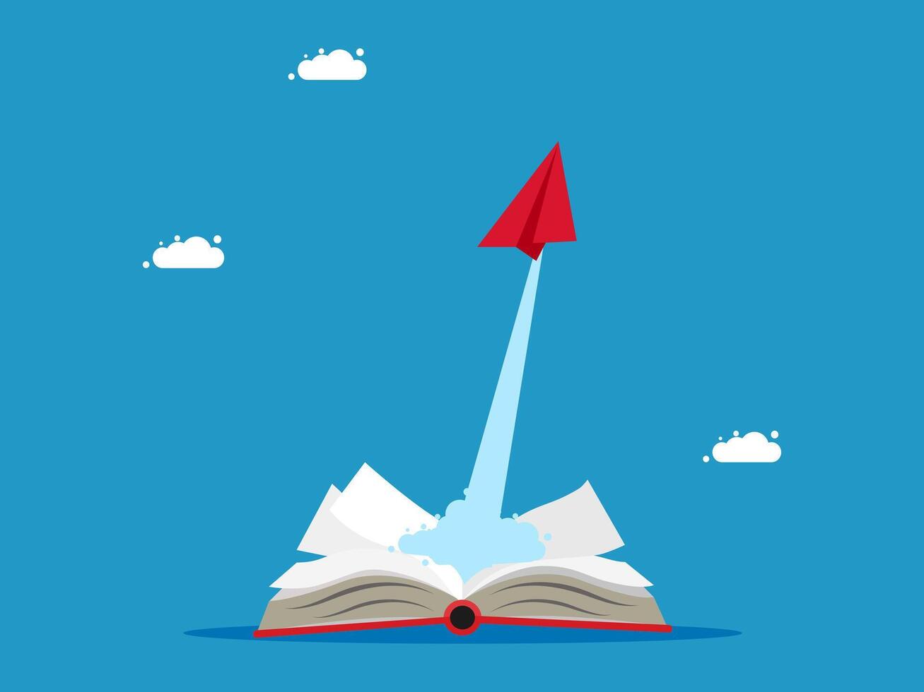 an open book with a red paper rocket flying out of it vector