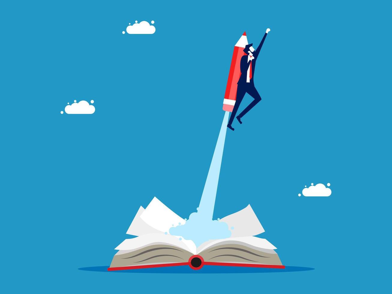 a businessman flying with a rocket on top of an open book vector