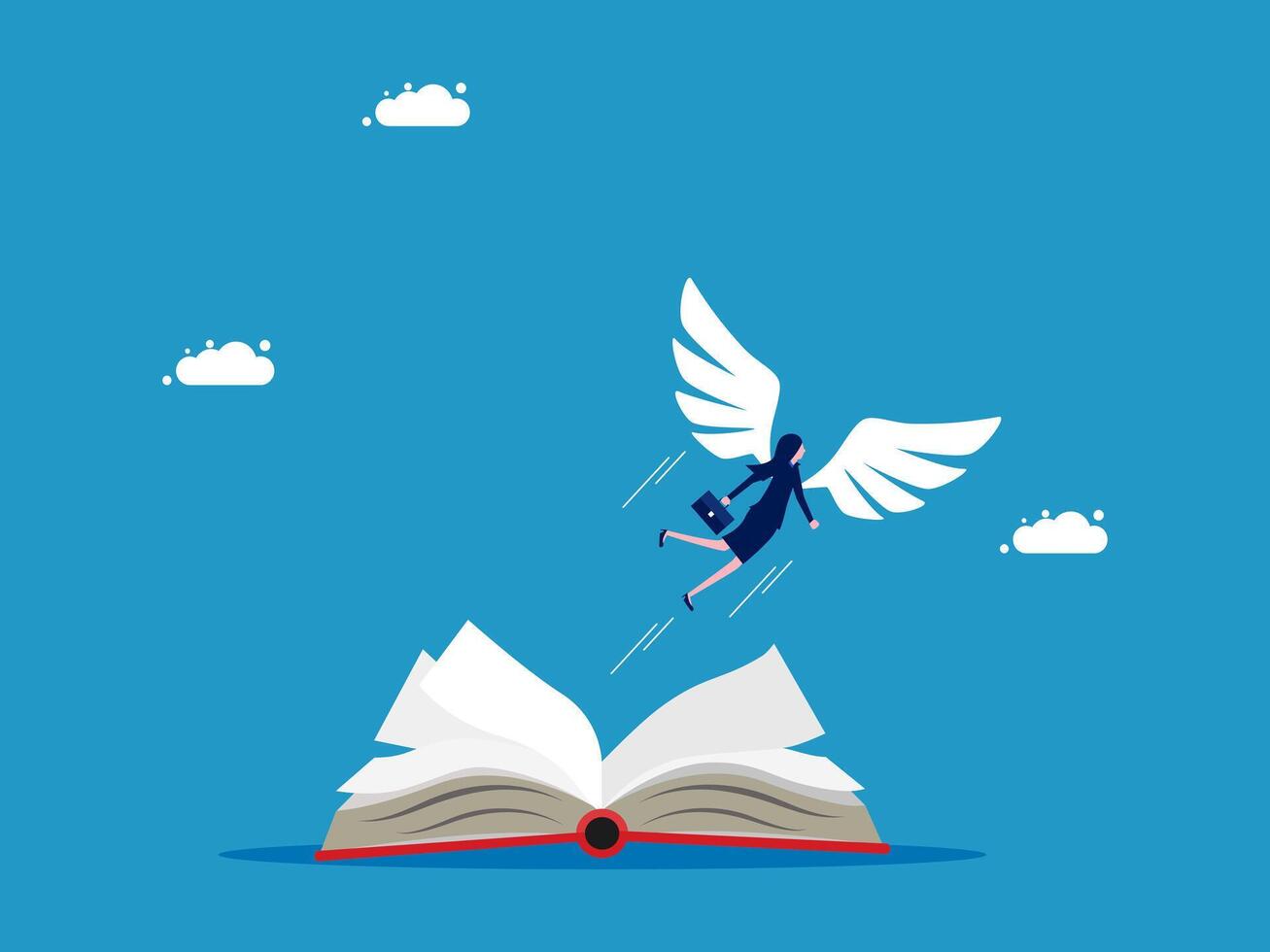 woman flying over an open book with wings vector