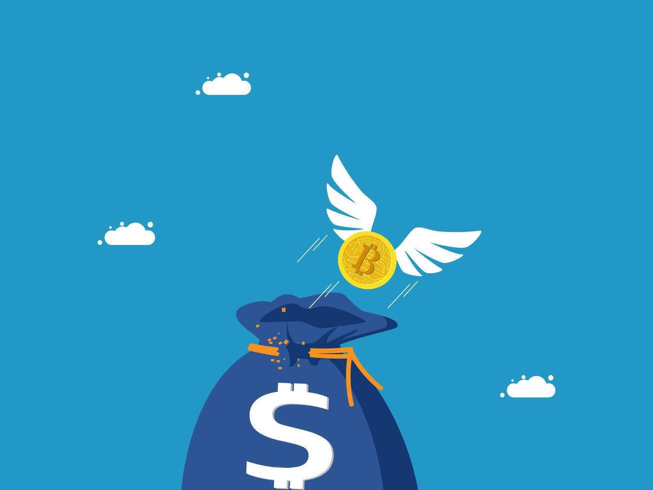 money bag with bitcoin coin and wings vector