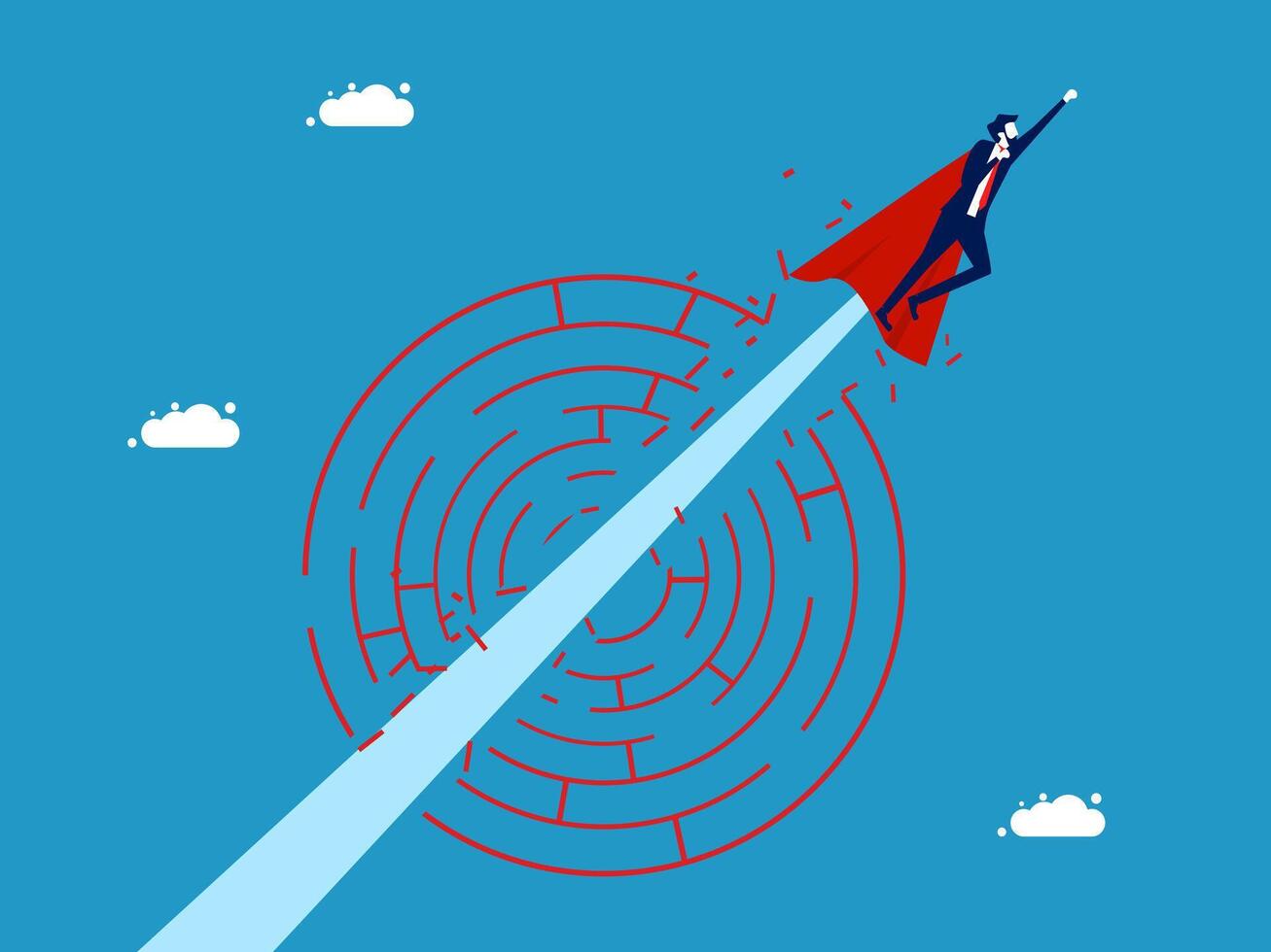 suit flying over a maze with a red arrow pointing to the end vector