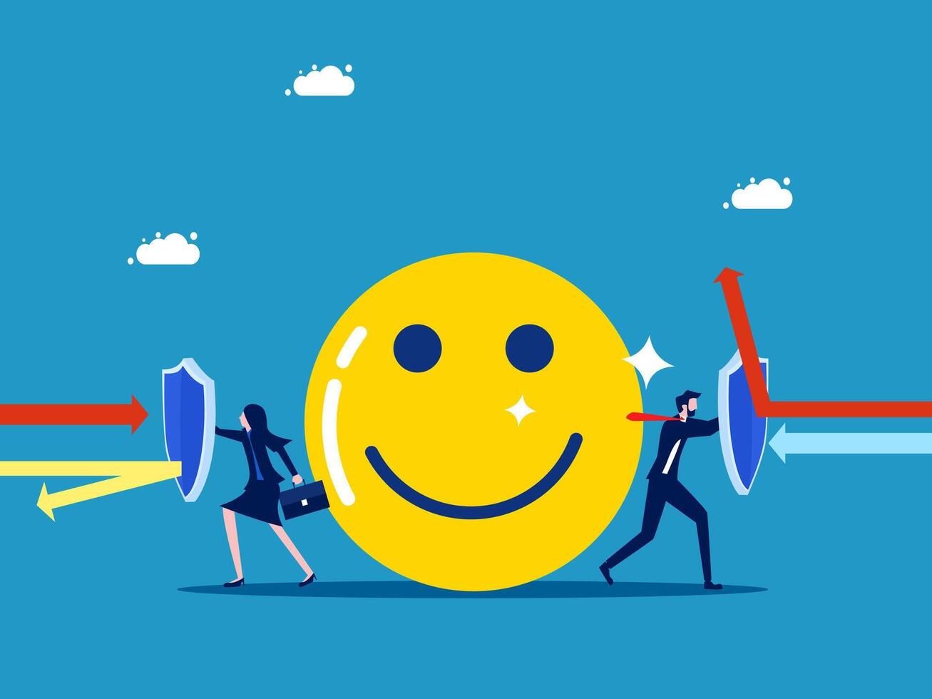 Protect mood. Business man and woman holding shield to protect positive thinking vector