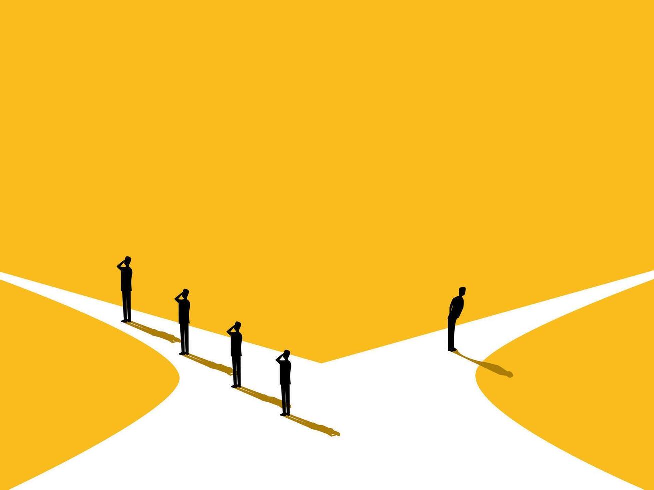Businessman confidently chooses a different path from his team vector