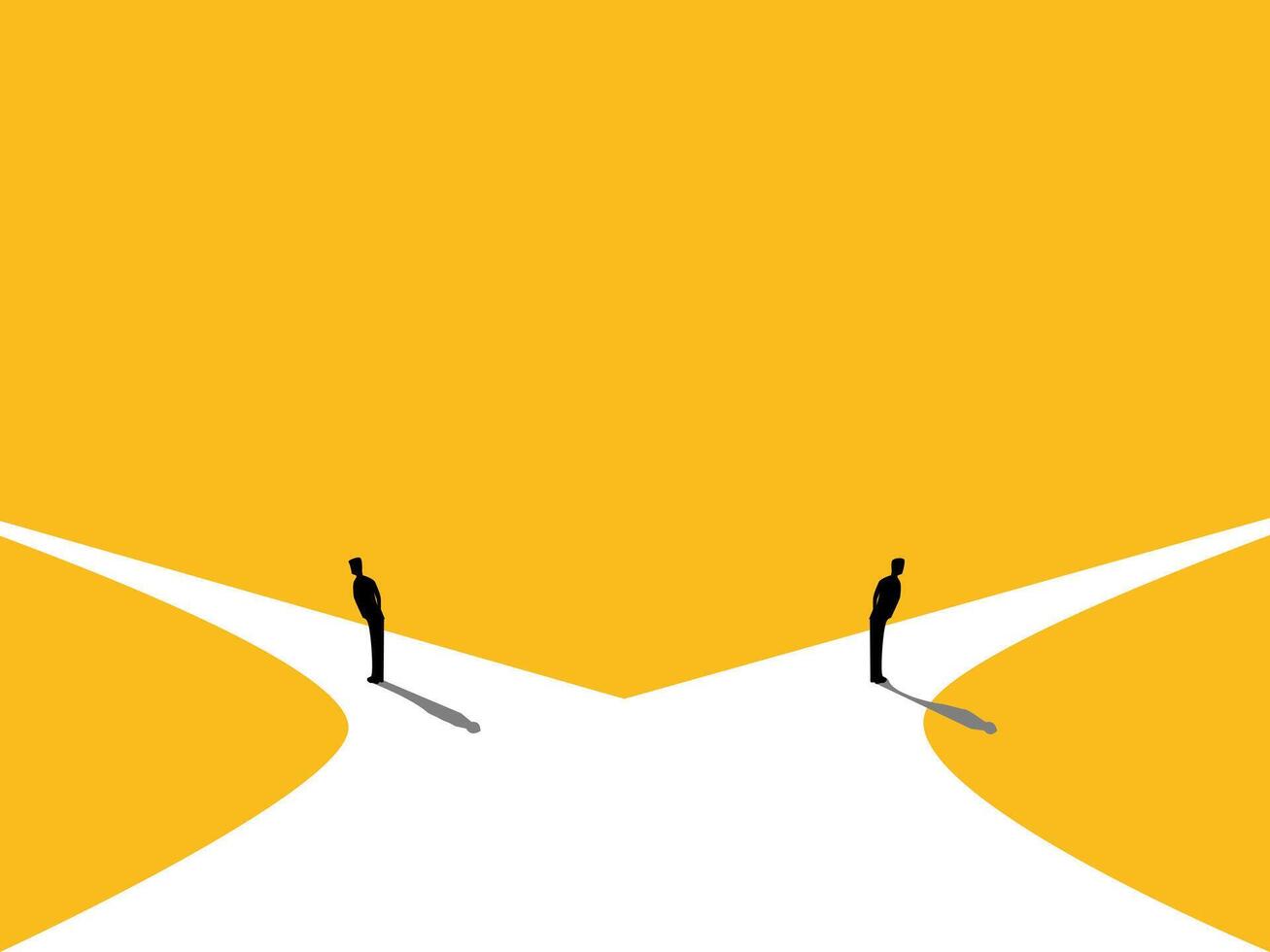 Business Difference, Conflict of paths, Two businessmen standing in different directions at a crossroads vector