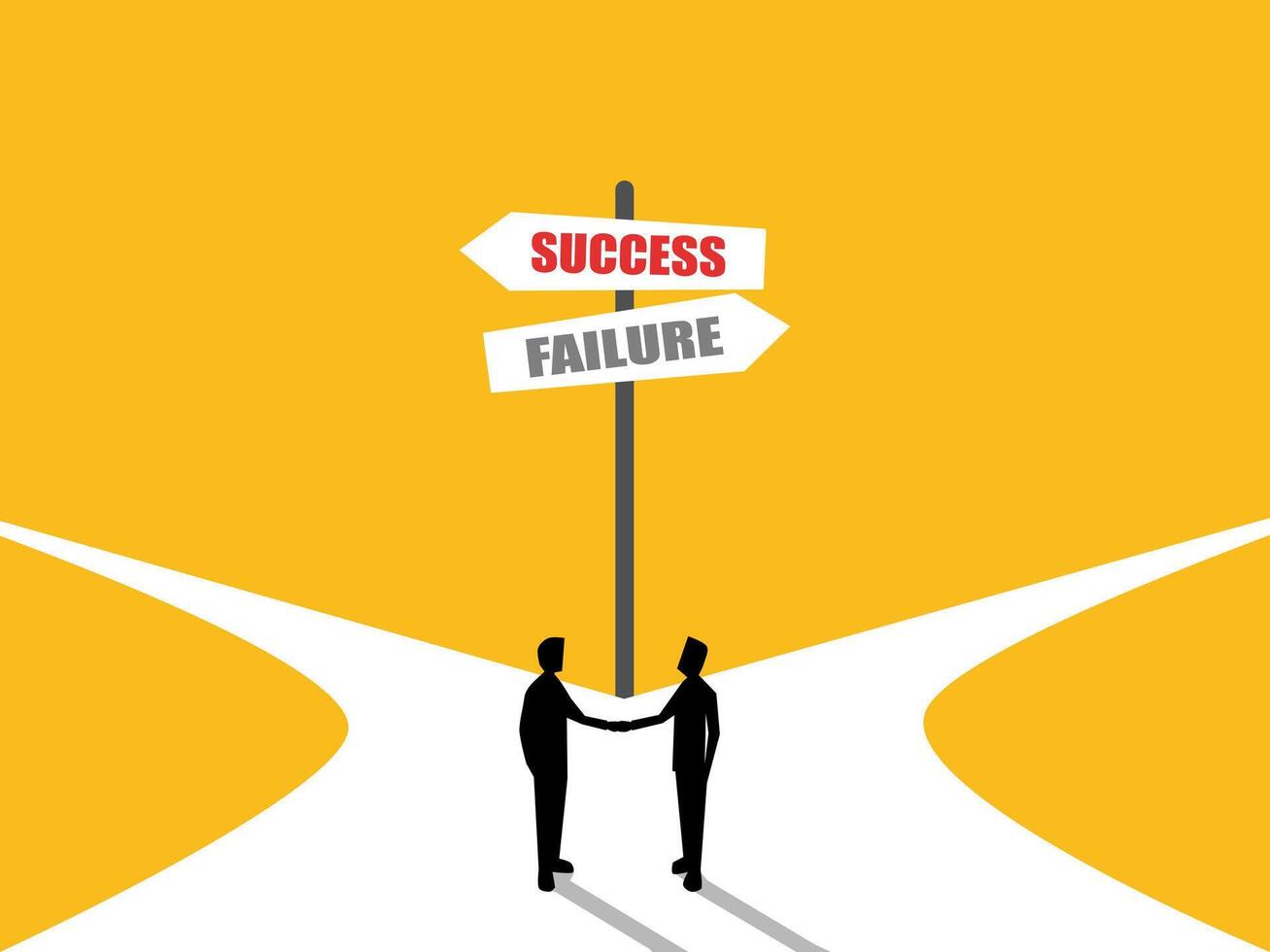Business mindset, two businessmen shaking hands at a crossroads with success and failure signs vector